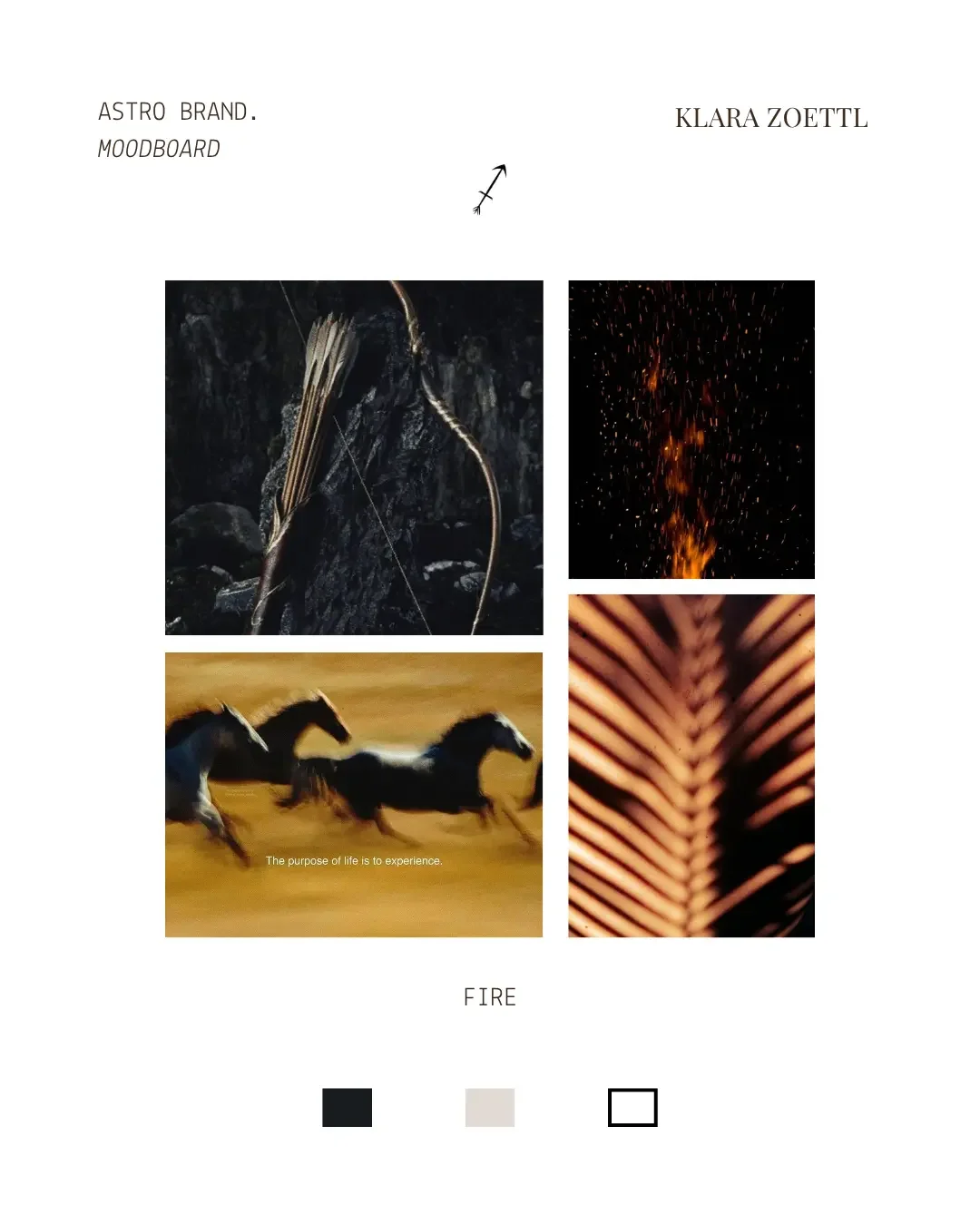 Moodboard avec images de feu, chevaux en mouvement, et un feu d'artifice, avec des motifs de flammes et de croquis d'une flèche, incluant du texte en anglais et français.