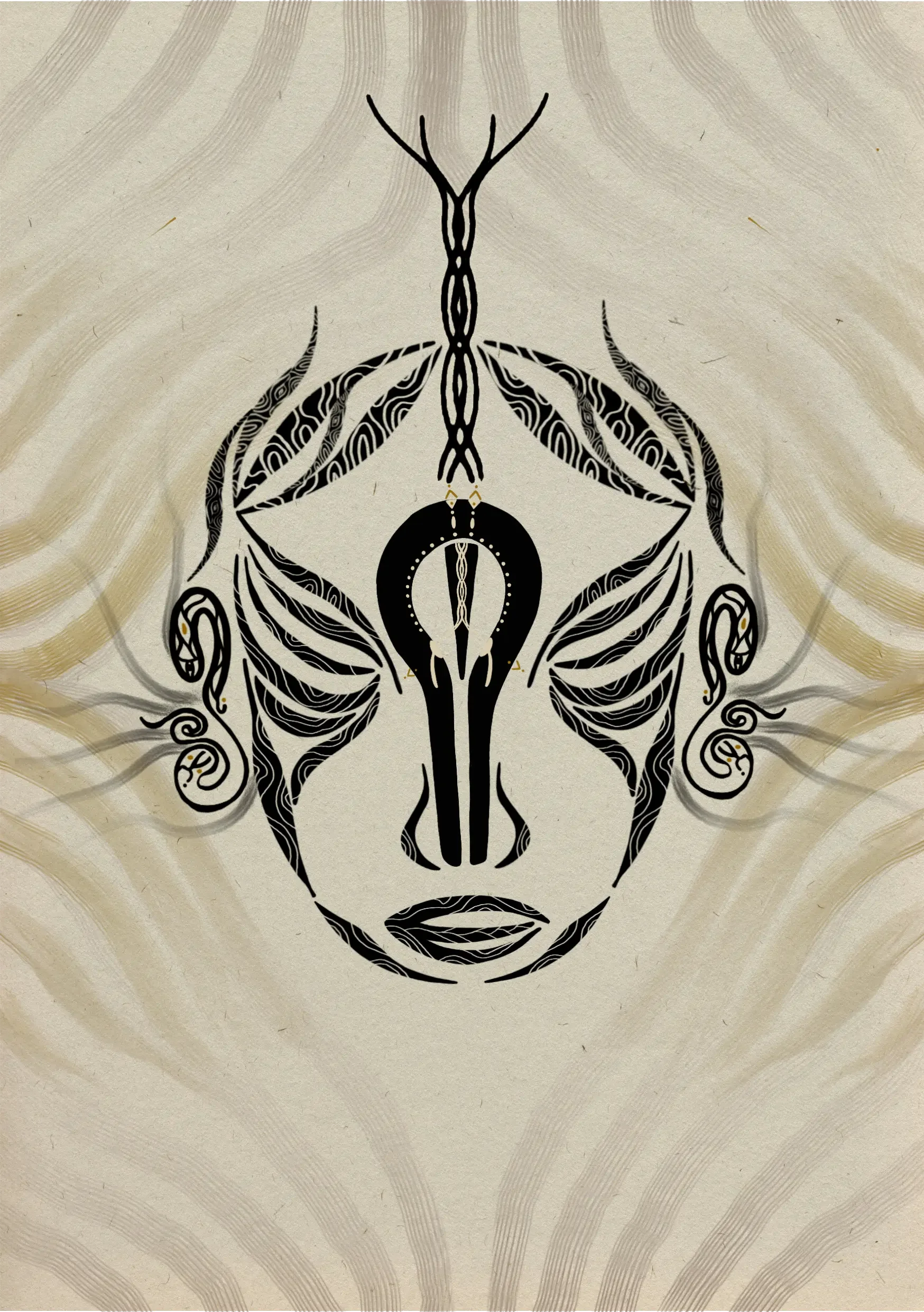 collaboration artistique. Visage ethnique abstrait noir sur fond beige. Traits organiques et ondoyant. Par Verena Franzetti Artiste intuitive pour Ataya project