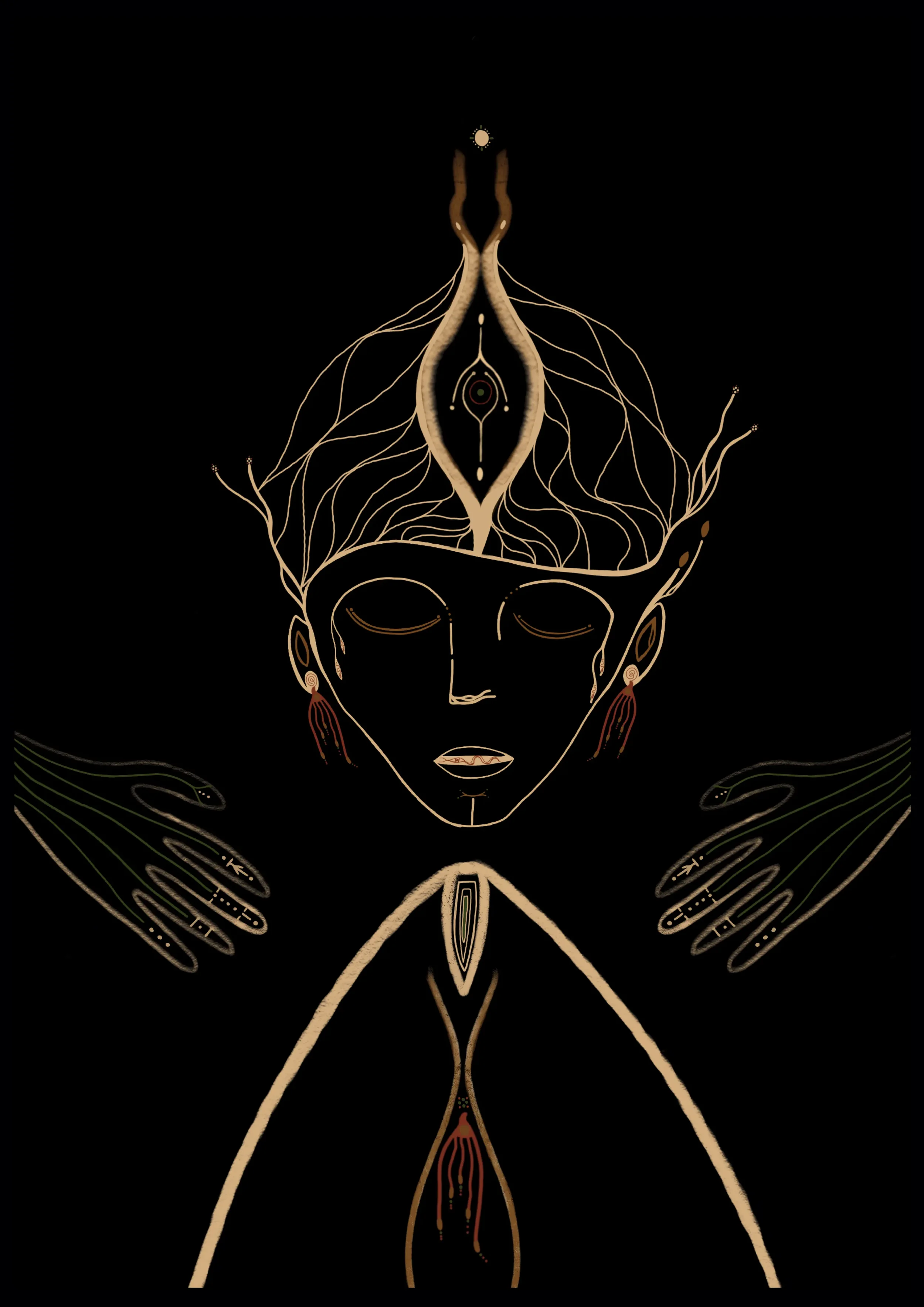 Illustration de Verena Franzetti d'une figure féminine stylisée avec des détails abstraits et géométriques, regardant vers le bas, avec des motifs organiques et symétriques issus de la collection Ligne