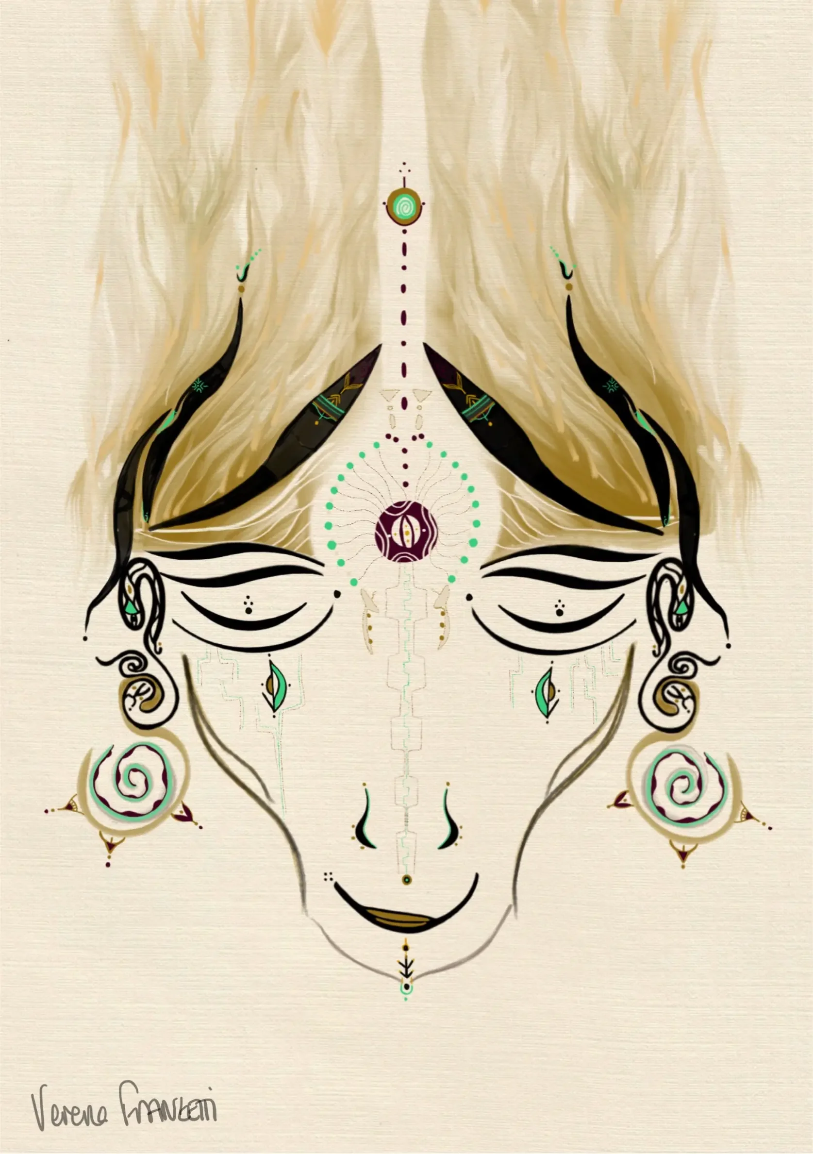 Une illustration abstraite représentant une figure féminine stylisée avec des motifs floraux et géométriques, signée par Verena Gmeiner.
