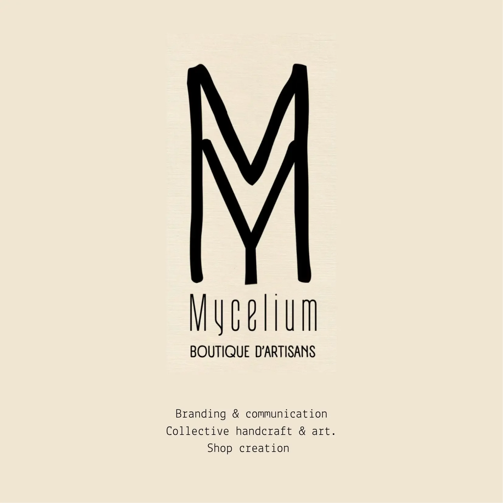 Verena Franzetti Artiste intuitive.branding design. Logo de la boutique d'artisans Mycelium avec des lignes noires formant un M stylisé, nom « Mycelium »