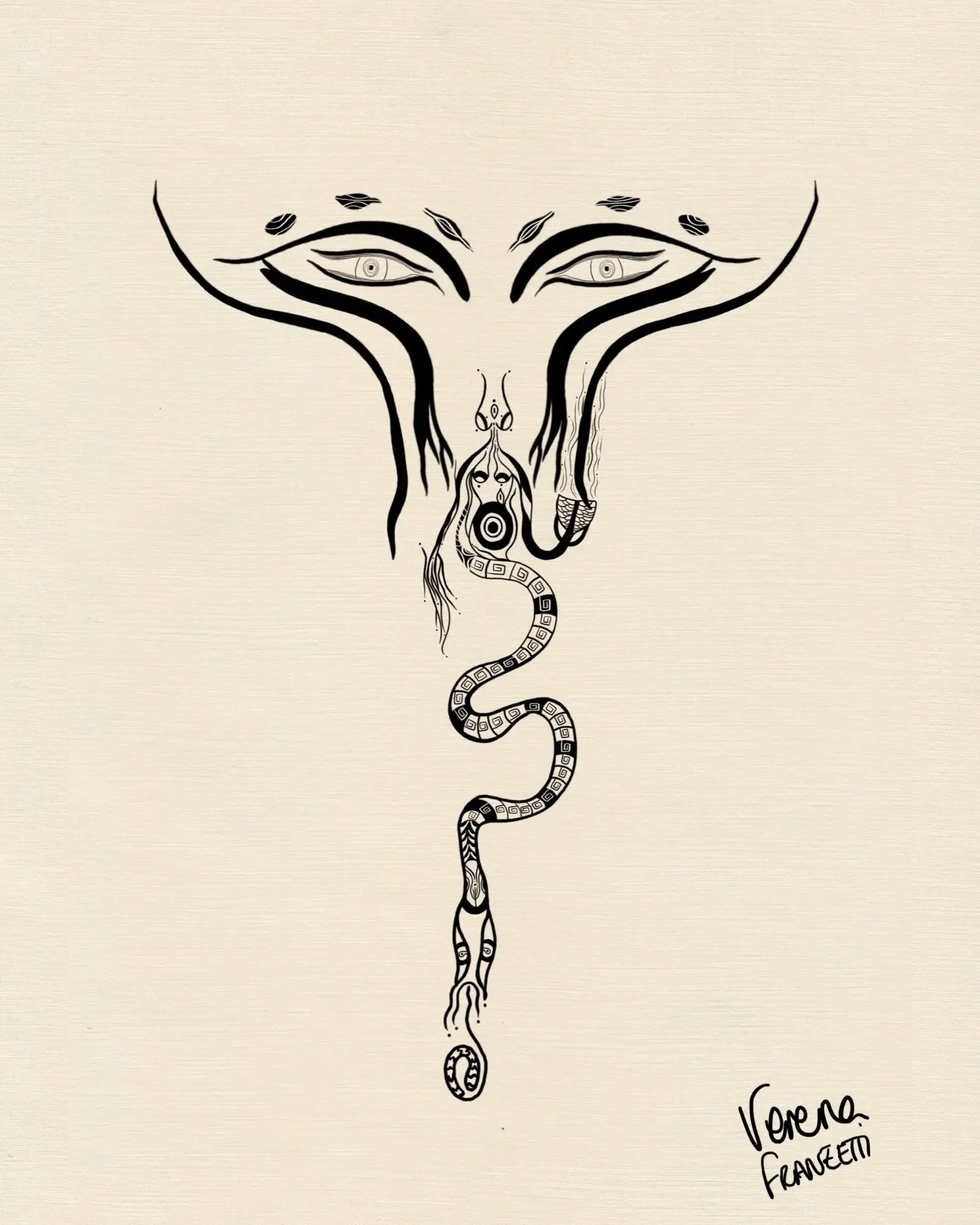 Une illustration stylisée représentant un serpent formant un visage avec deux yeux en haut et un nez et une bouche au centre. La queue du serpent est signée de l'artiste, nommée Verena Francetti.