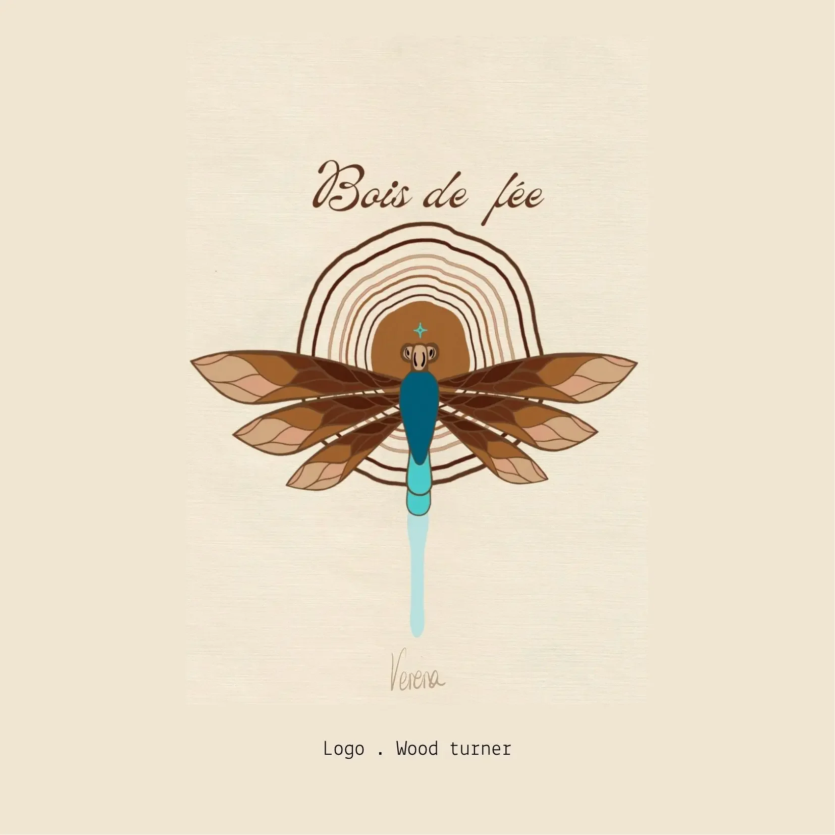 Verena Franzetti Artiste intuitive.branding design. Illustration d'une libellule avec des ailes en bois, style artistique,