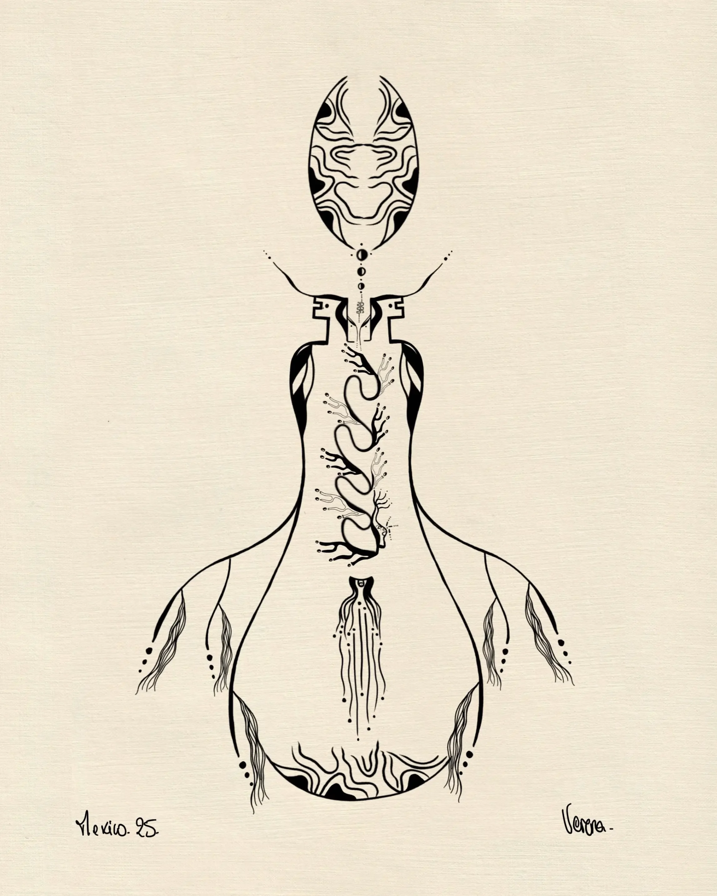 Une illustration artistique de Verena Franzetti abstraite d'une figure humaine stylisée, avec des motifs entremêlés qui ressemblent à des circuits ou des racines, dans des tons noirs et beiges.issus de la collection Ligne