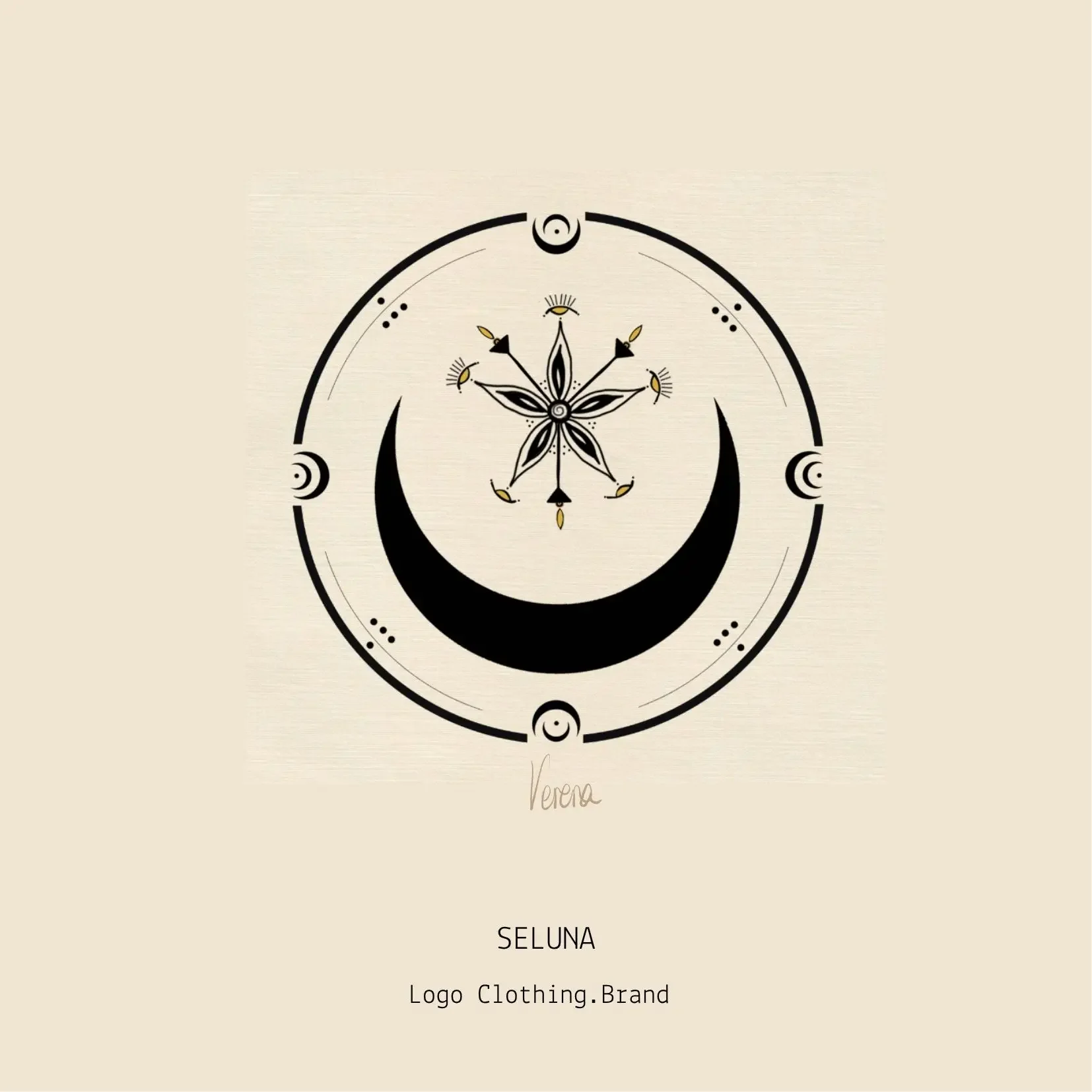 Verena Franzetti Artiste intuitive.branding design. Logo de la marque de vêtements SELUNA, avec un design minimaliste représentant une lune croissante noire, un cercle avec des détails et un symbole floral stylisé avec des éléments en forme de flèche
