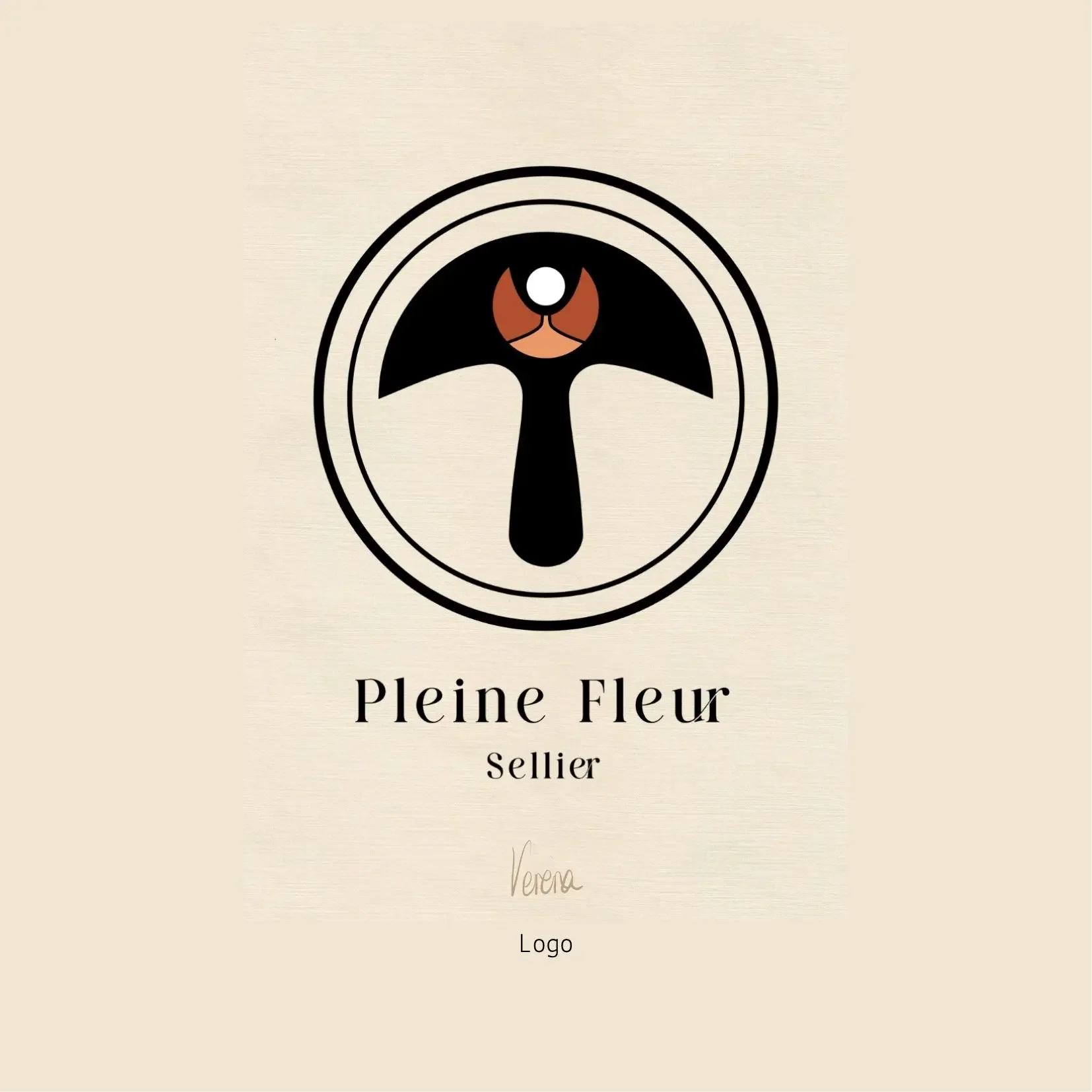 Verena Franzetti Artiste intuitive.branding design. Logo avec demi cercle stylisé noir, blanc, orange et rouge, avec un cercle entourant le demi cercle et le texte 'Pleine Fleur Seller' en dessous.