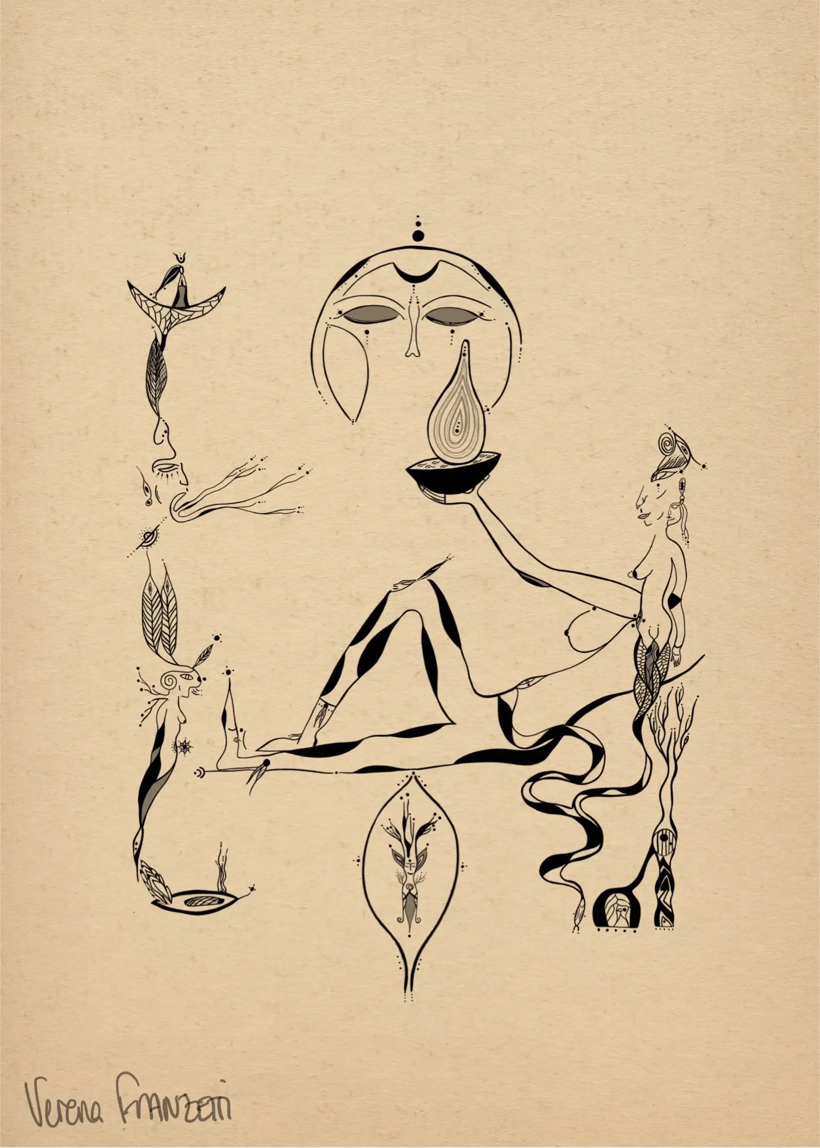 Une illustration de Verena Franzetti abstraite de la Collection Ligne avec des formes fluides, un visage stylisé, une larme, et des motifs inspirés de la nature