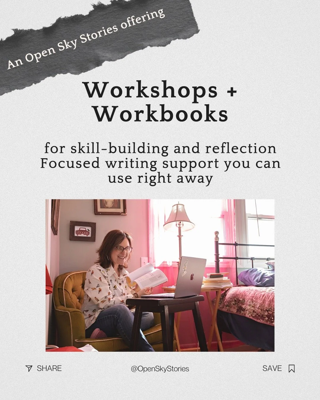 Not every season of writing calls for ongoing support or mentorship.

Sometimes what helps most is a focused tool&mdash;a workshop or workbook that gives you structure, instruction, and a place to practice.

Workshops &mdash; live sessions with teach