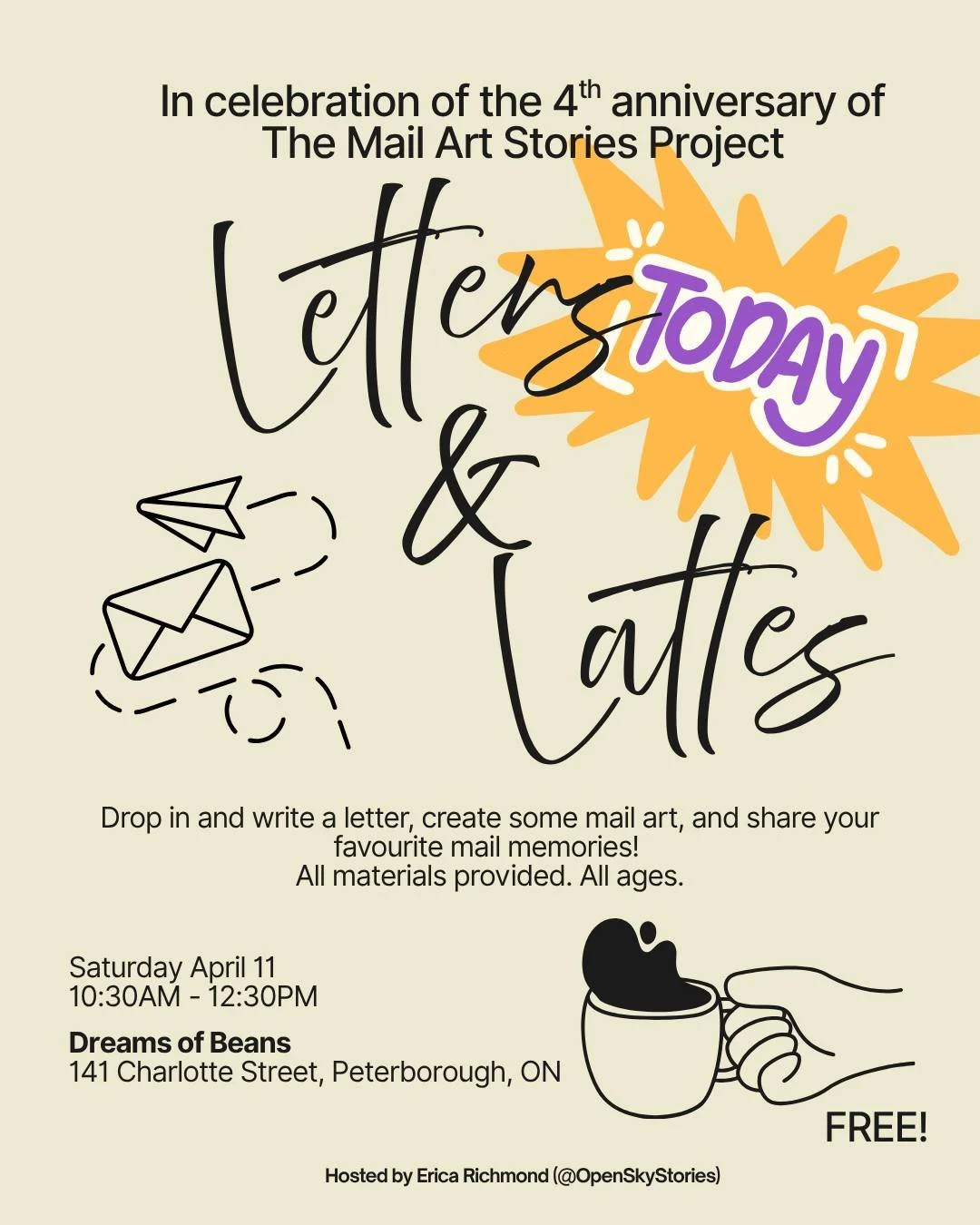 Drop into @dreamsofbeansptbo this morning from 10:30-12:30 and write a letter or decorate an envelope with me.

I'll provide all materials and some inspiration if you get stuck.

All ages.

In celebration of the 4th anniversary of @mailartstories pro