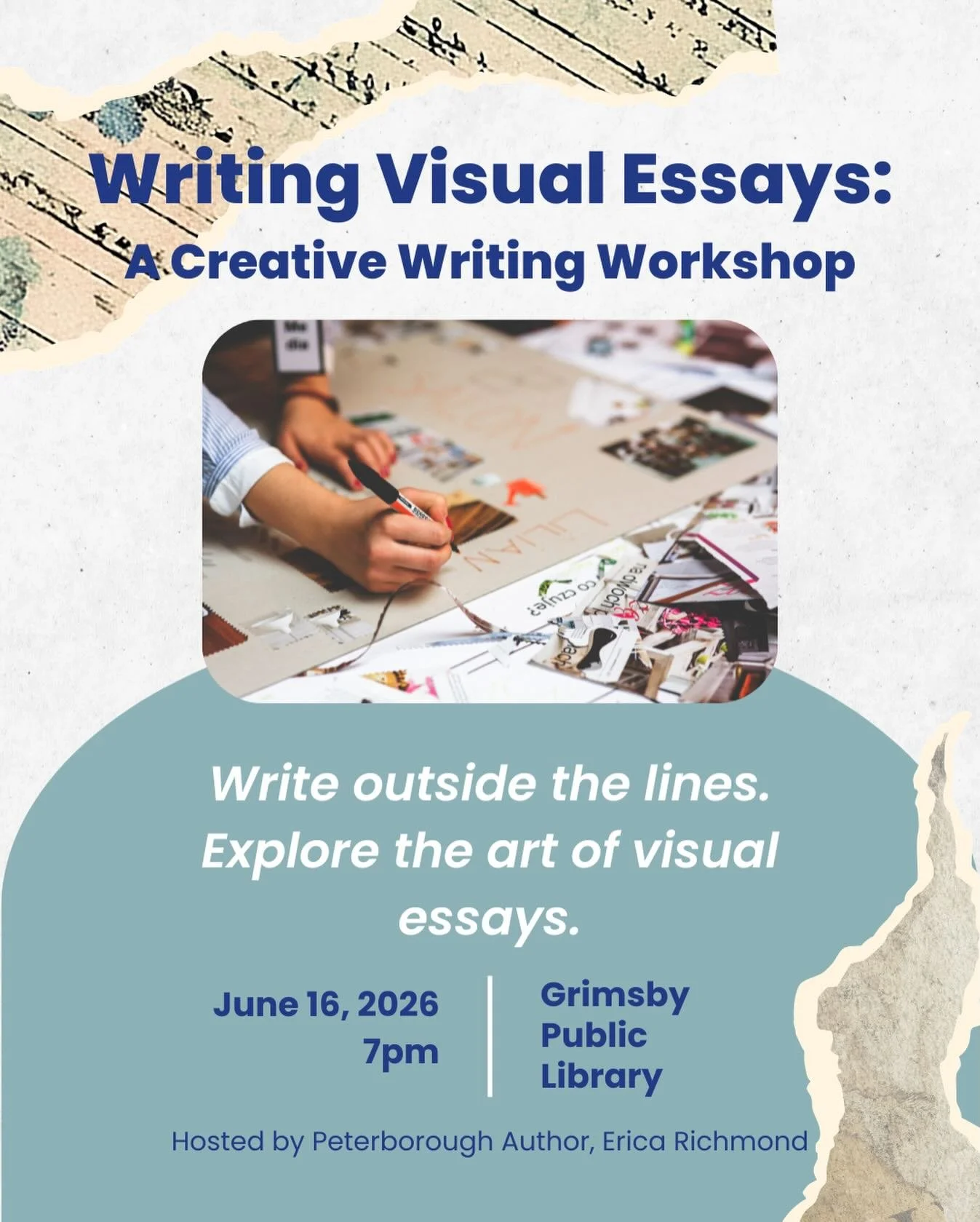 Join me in Grimsby, Ontario for a creative writing workshop.

On June 16th, I&rsquo;ll be leading a visual essay workshop @grimsbylibrary. Sign up on their website!

Explore the art of visual essays in this creative writing workshop. Learn how form&m