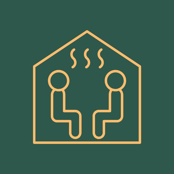 Icon of two people sitting in a sauna with steam symbols above them, on a green background.