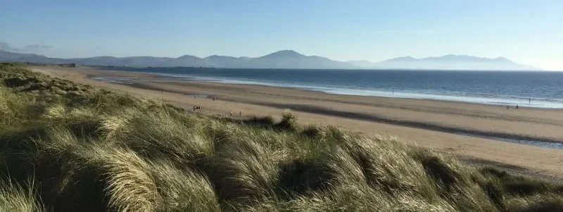 Beach with dunes and grasses, sandy shoreline, ocean, and mountains in the distance under a clear sky.