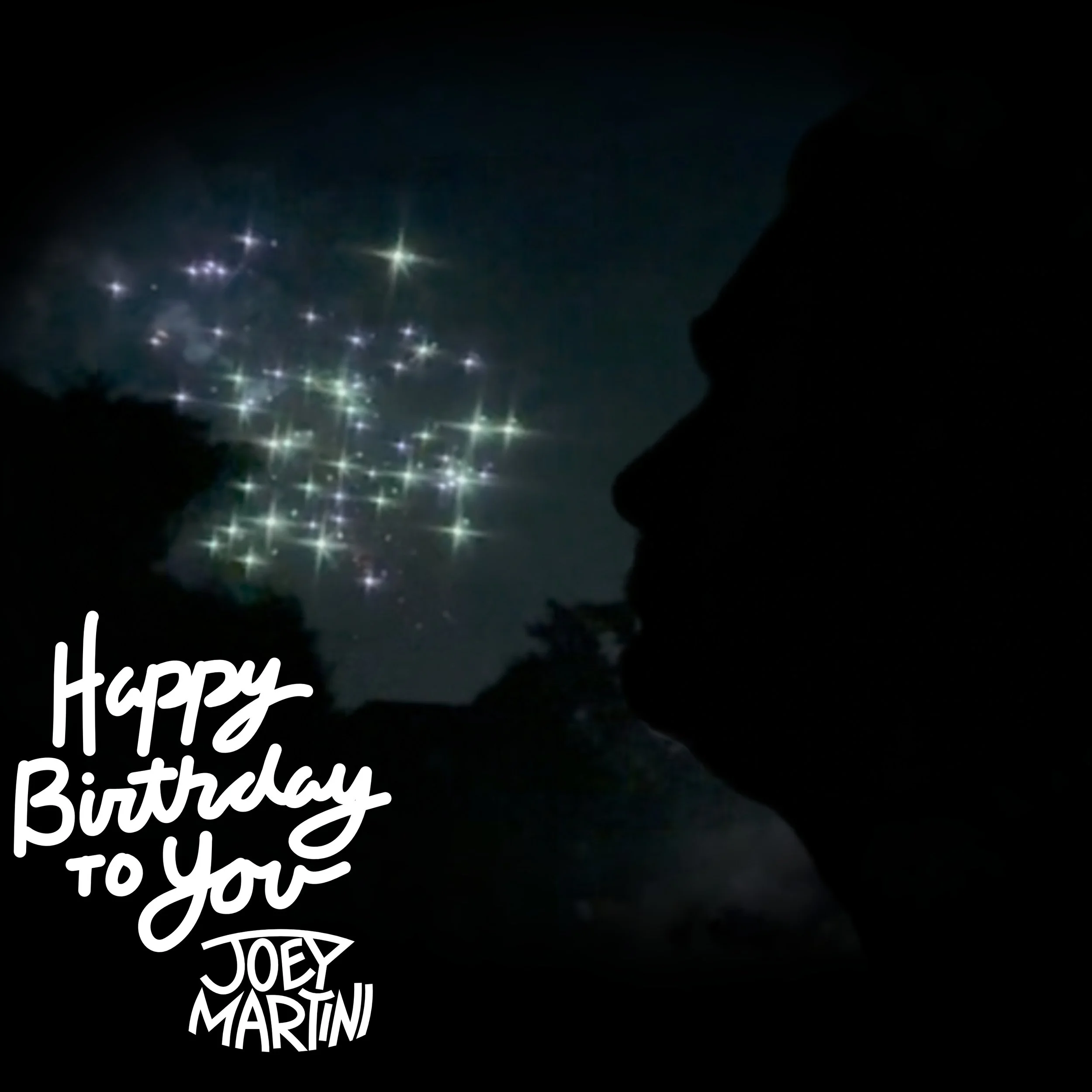 Happy Birthday To You single cover art featuring a silhouette of the side of Joeys face in front of a dark sky after a burst of fireworks, with the song’s and Joey’s logo in the bottom left corner.