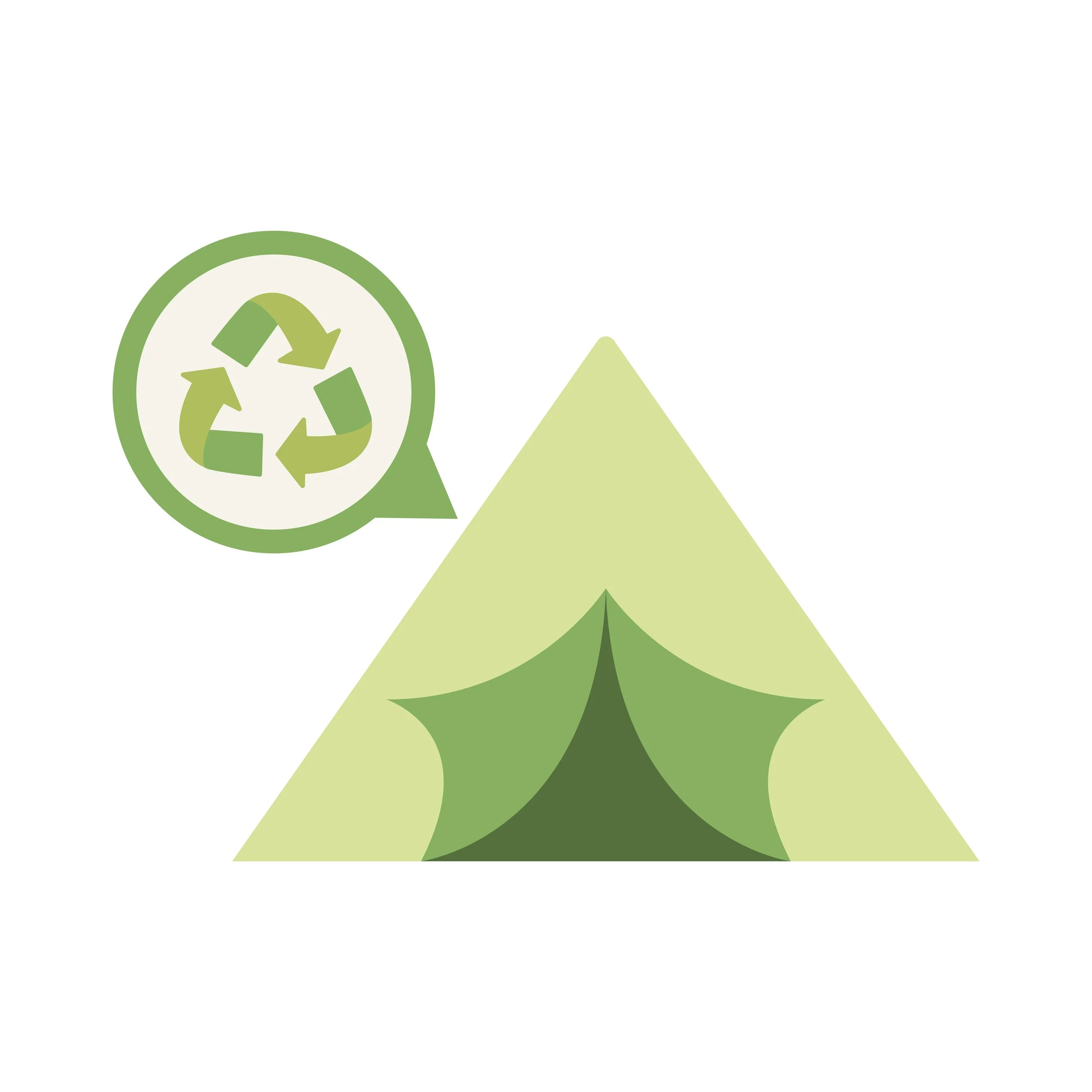 Illustration of a green bell tent with a recycling symbol, representing Hotel Bell Tent's reusable festival glamping infrastructure
