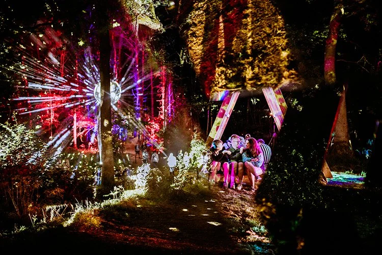 Guests relaxing on illuminated swings in a forest light installation at a boutique glamping festival under colourful night lights.