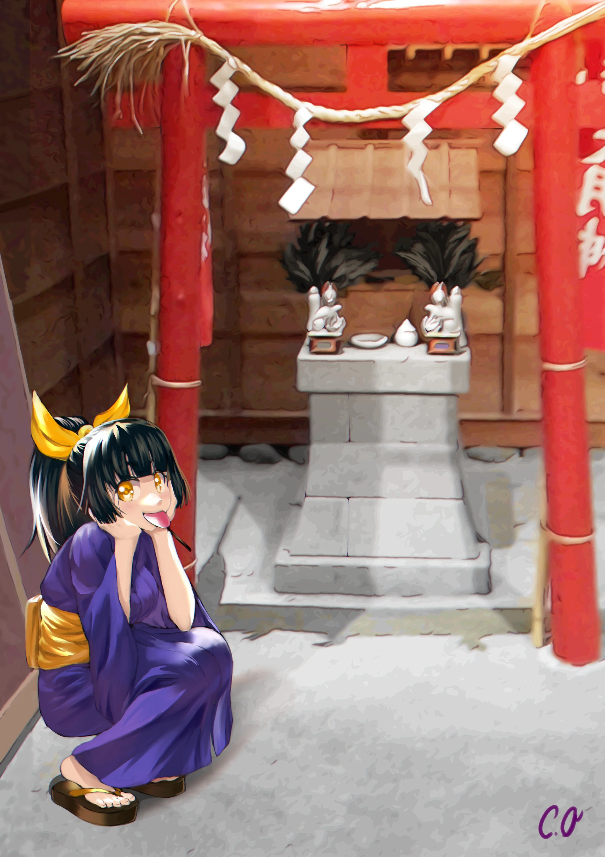 Anime-style girl with black hair and a yellow bow, wearing a purple kimono, sitting on the ground near a traditional Japanese shrine altar with a black and white bird on it, red pillars and shide paper streamers overhead.