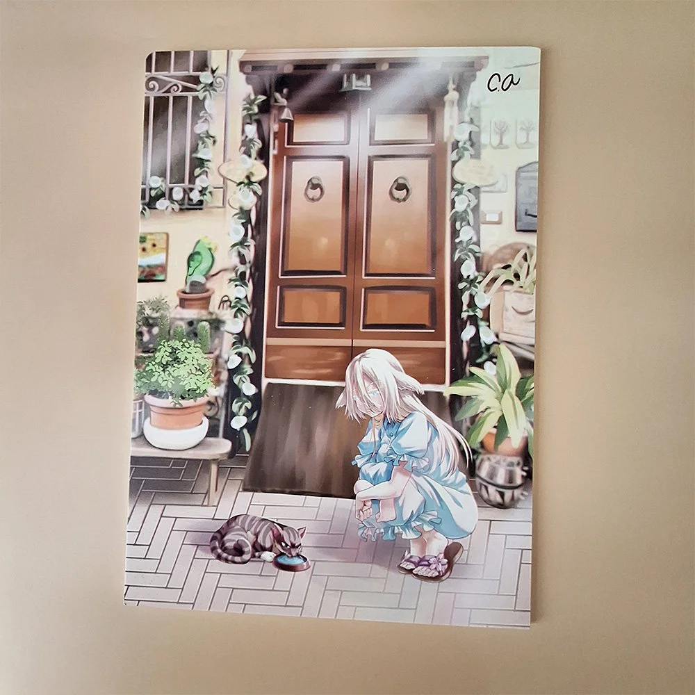 Cat and girl at the front door-Canvas Print