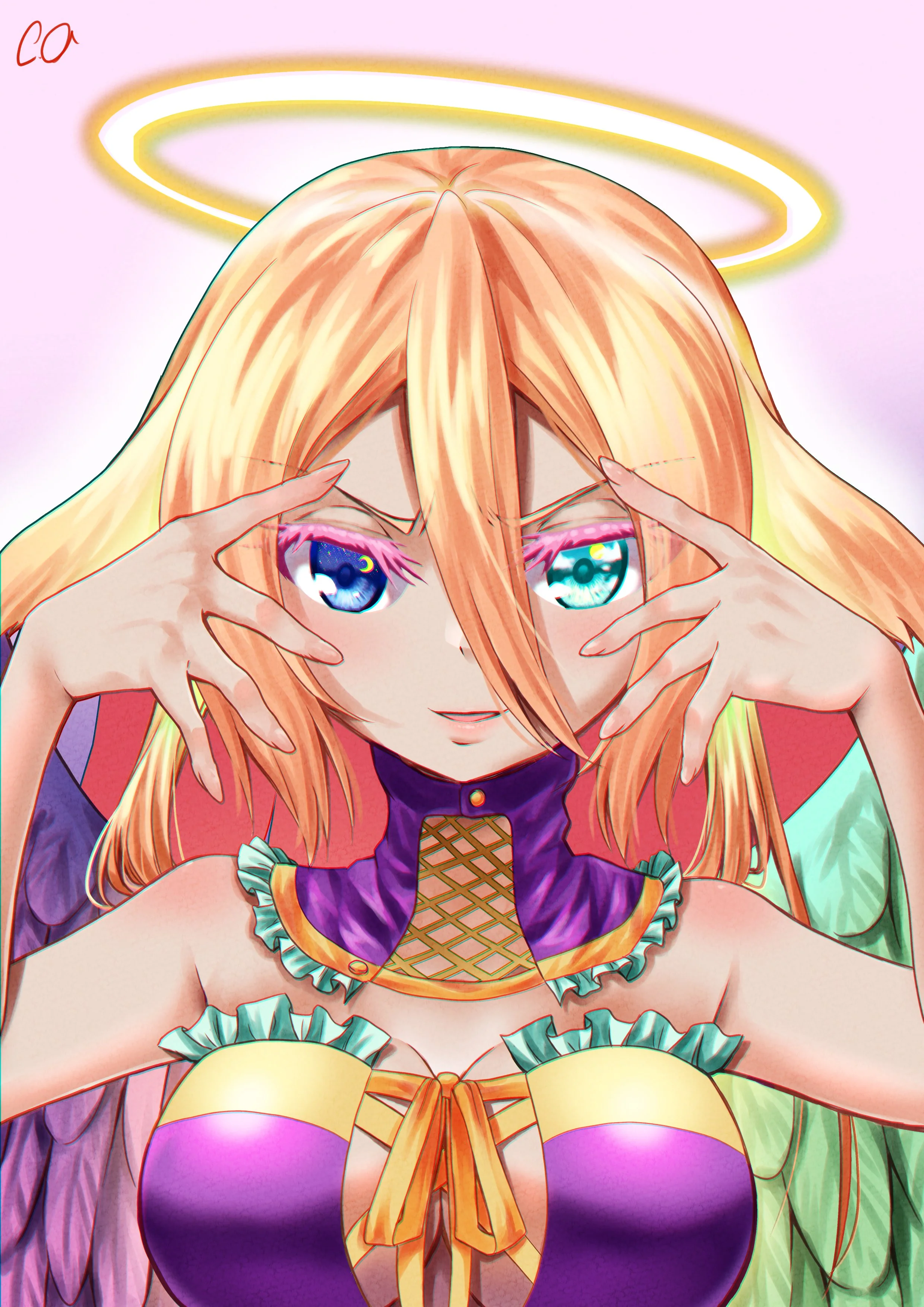 Anime-style illustration of a girl with orange hair, large colorful eyes, and a halo above her head. She is wearing a revealing outfit with purple, yellow, and green details, and has an expression suggesting confidence or mischief.