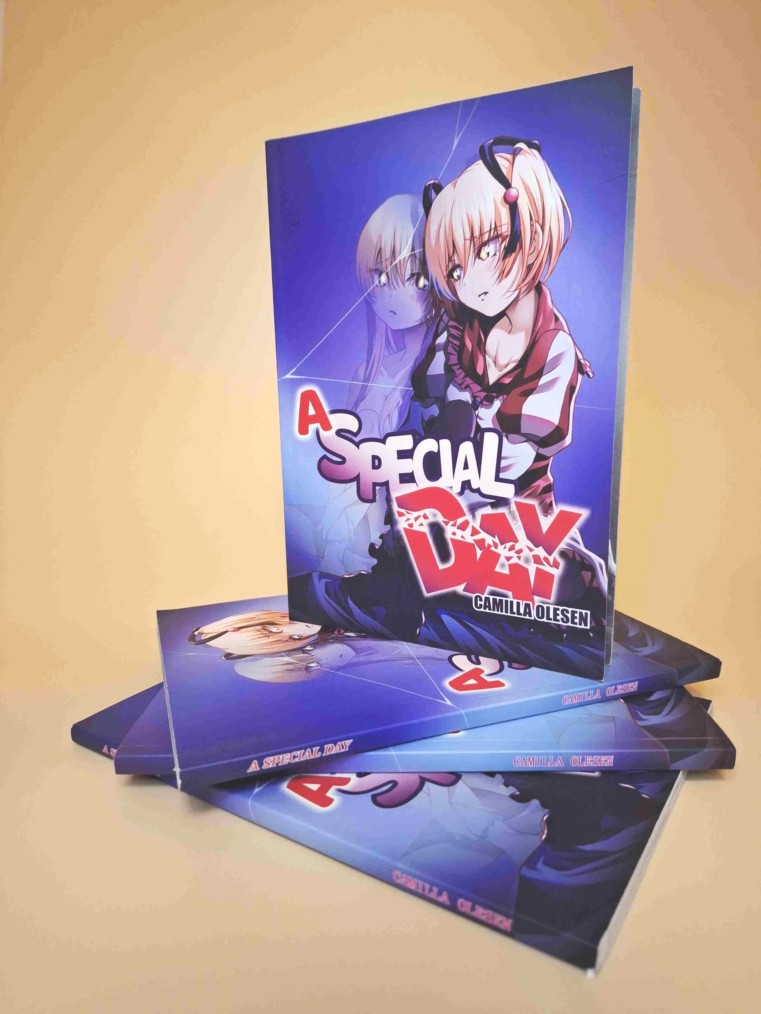 Image books depicting a girl with blonde hair in a blue environment.