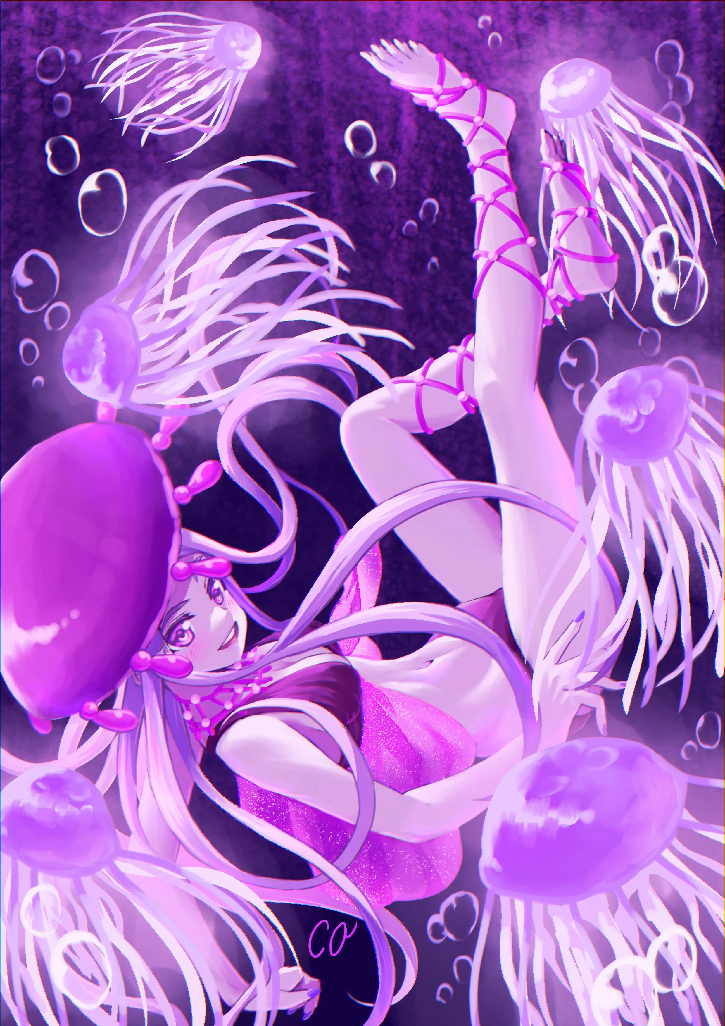 An animated character with long, flowing pink hair, surrounded by glowing purple jellyfish-like creatures in a deep purple underwater scene