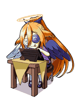 Chibi angel with swirly eyes drawing on a tablet, sitting at a desk with intense focus, wings and halo included.