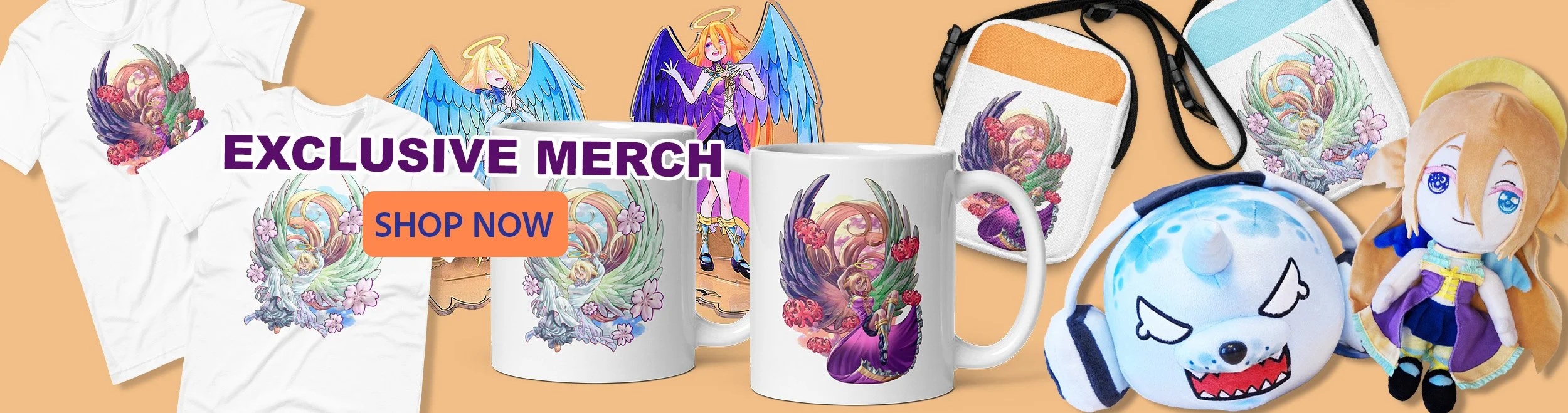 Image displaying exclusive merchandise including T-shirts, mugs, face masks, plush dolls, a headlamp, and illustrated characters, all featuring anime-style artwork with angelic and fantasy themes. Text overlay reads 'EXCLUSIVE MERCH' and 'SHOP NOW' i