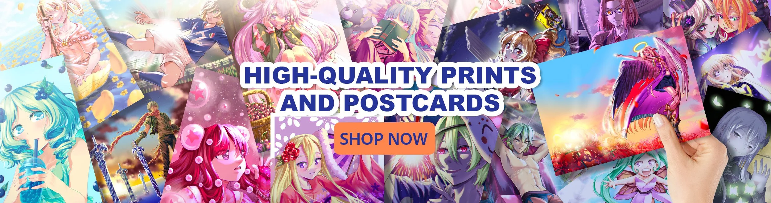 A collage of various vibrant anime-style illustrations promoting high-quality prints and postcards, with a prominent orange button labeled 'Shop Now' in the center.