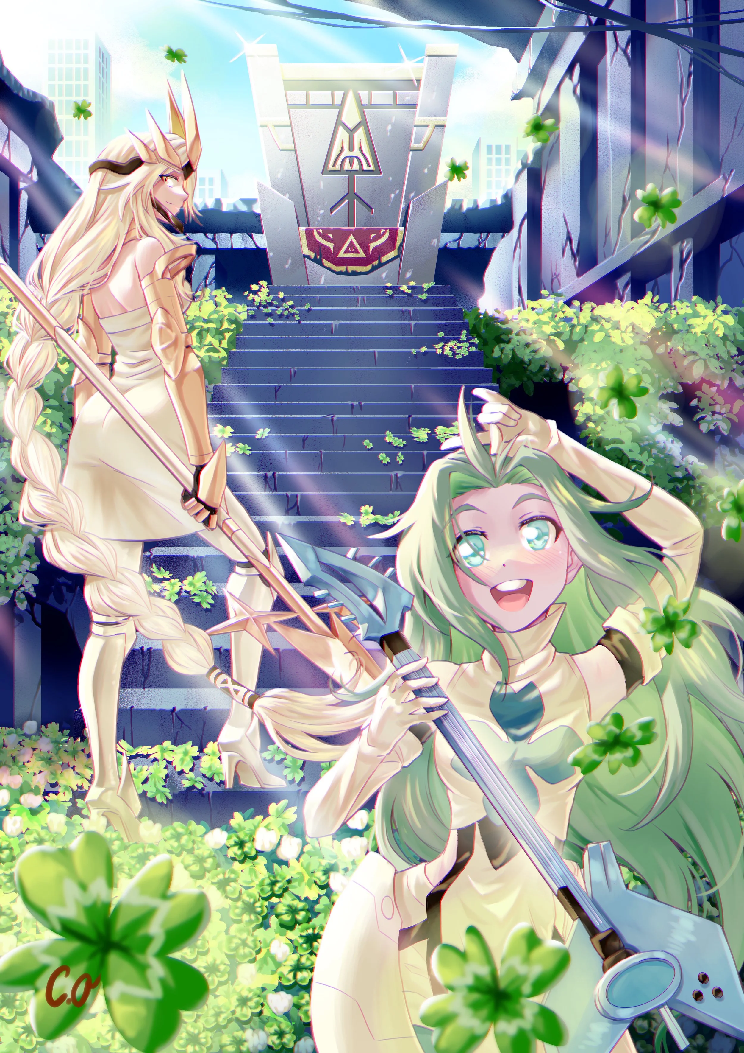 Anime-style illustration of two female characters with long hair, one with blonde hair and bunny ears, the other with green hair, holding swords and standing among green four-leaf clovers. There are stairs leading up to a stone monument with a styliz