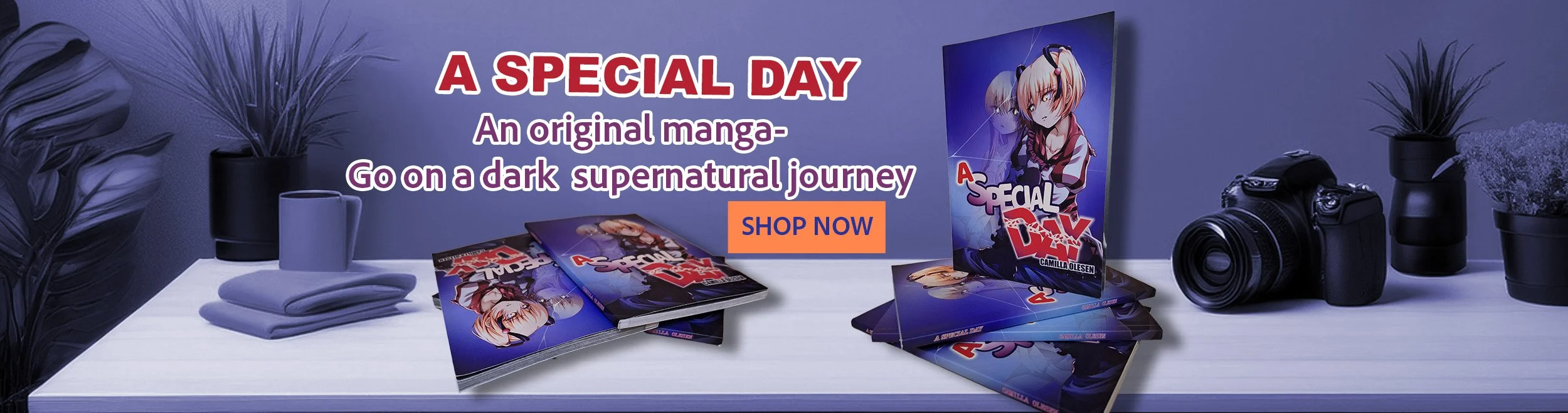 Advertisement for manga titled "A Special Day" with a dark, supernatural theme. The table displays manga copies, a camera, potted plants, a mug, and folded cloth, with a purple background and a large poster of the manga cover featuring an anime girl 