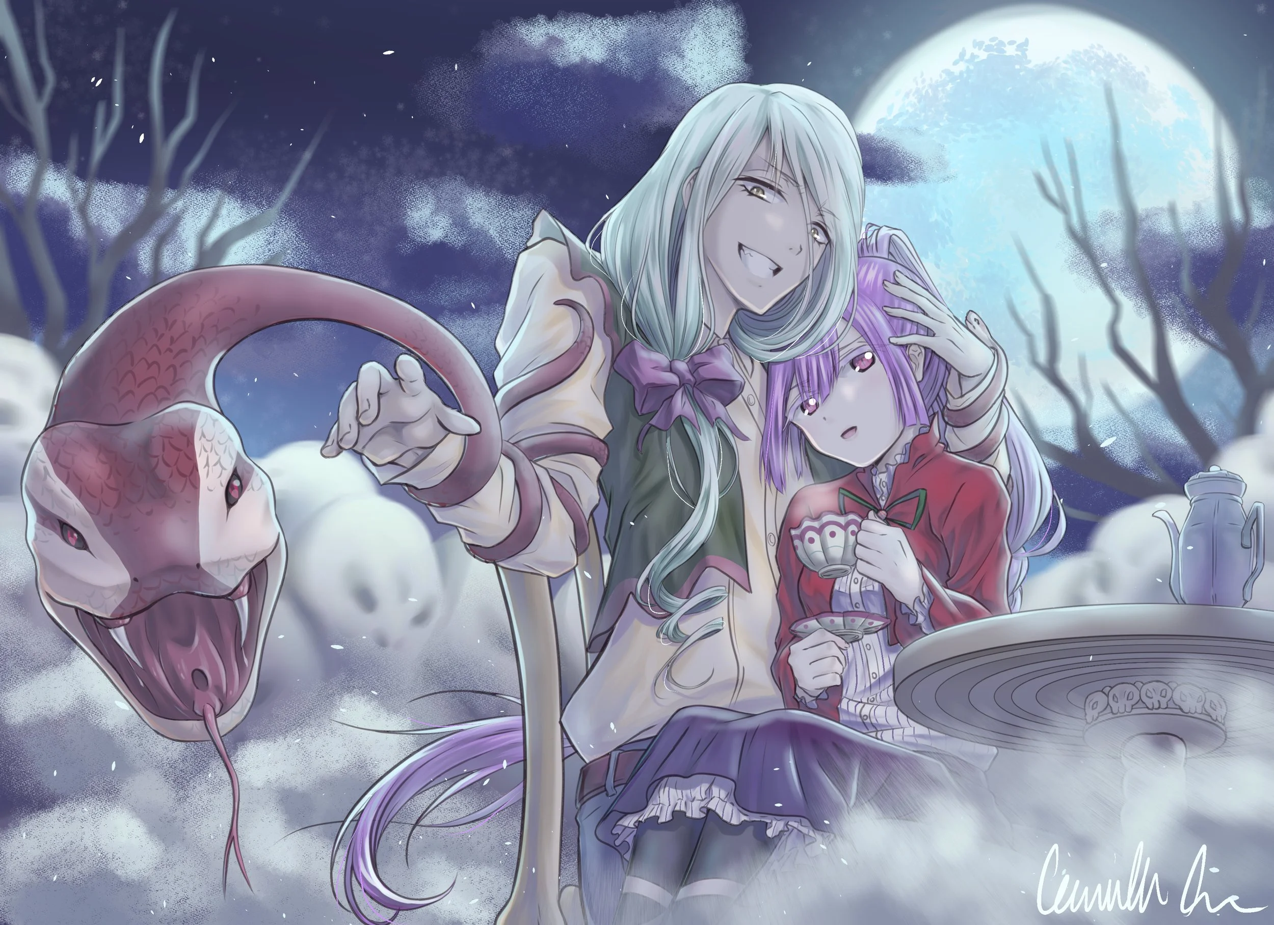 Anime-style illustration of a man and girl celebrating under the moon on a snowy night, with a pink serpent-like creature and a partially visible tea kettle on a table.
