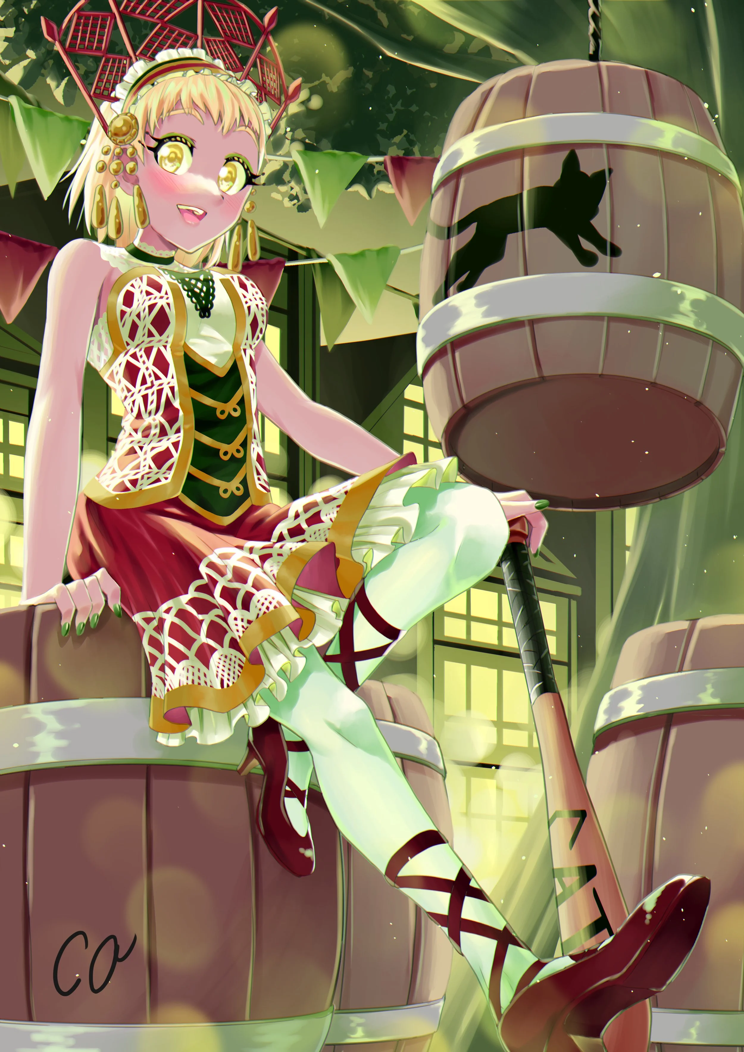 An animated girl with blonde hair, wearing a red and white dress, yellow accessories, and a headpiece, sitting on a barrel, with a black cat silhouette on a barrel beside her, under festive green and red bunting.