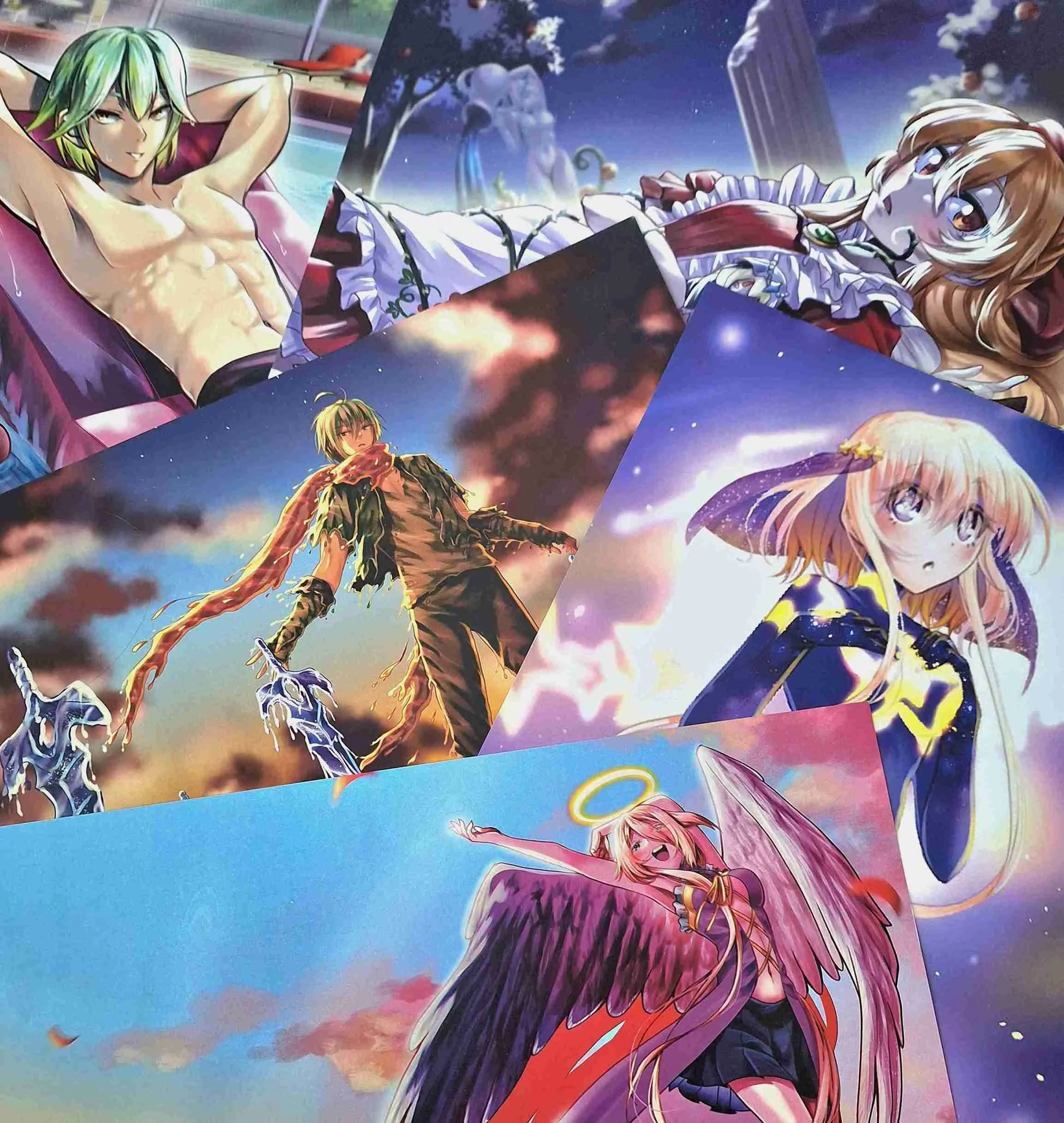 Anime-style illustrations of female characters with vibrant, colorful backgrounds featuring a night sky, trees, and clouds. The characters display expressive poses and detailed outfits.