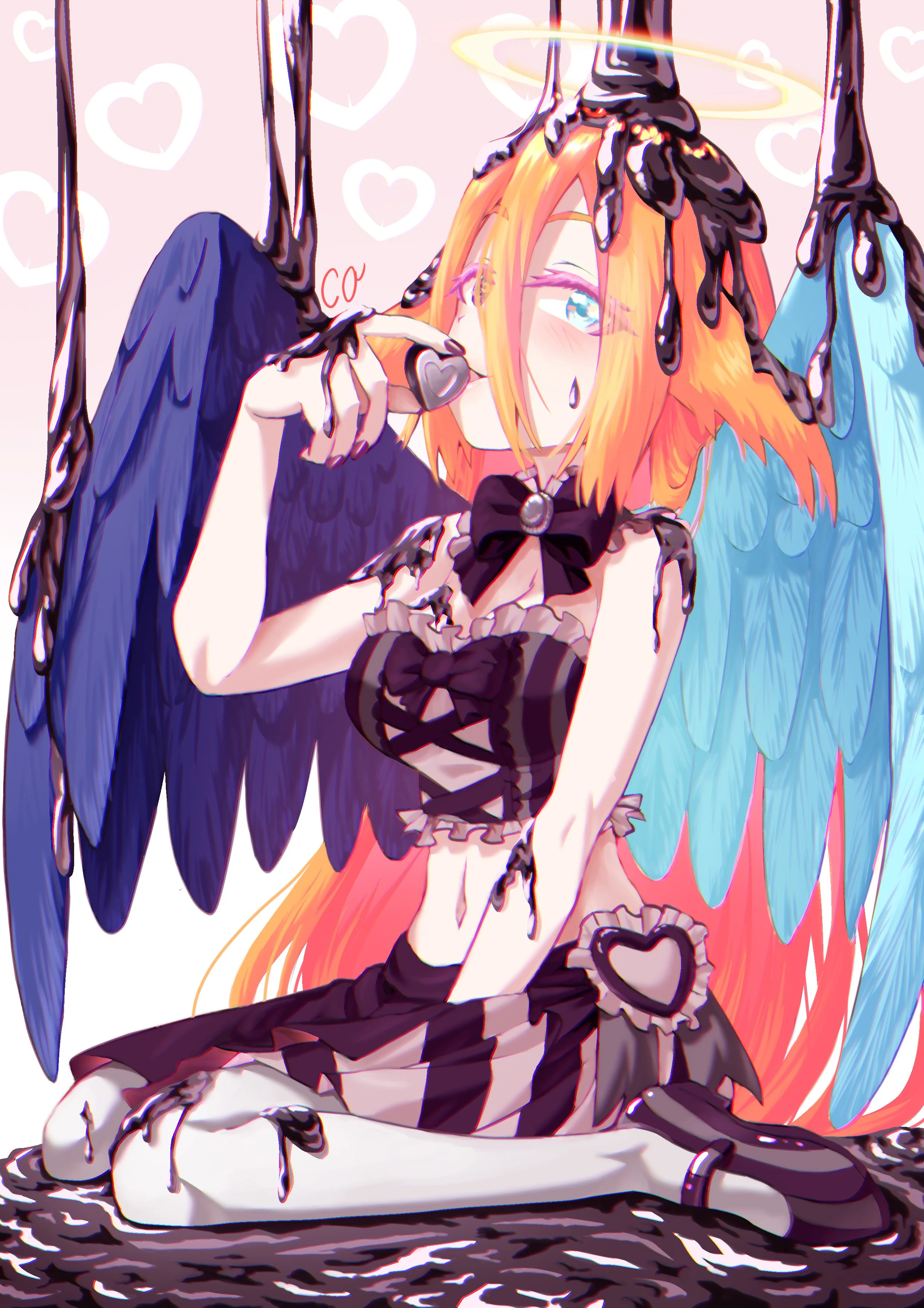 Anime-style girl with orange hair and blue eyes, dressed in a black and pink gothic outfit with wings, sitting on the ground with a pink background and white hearts.