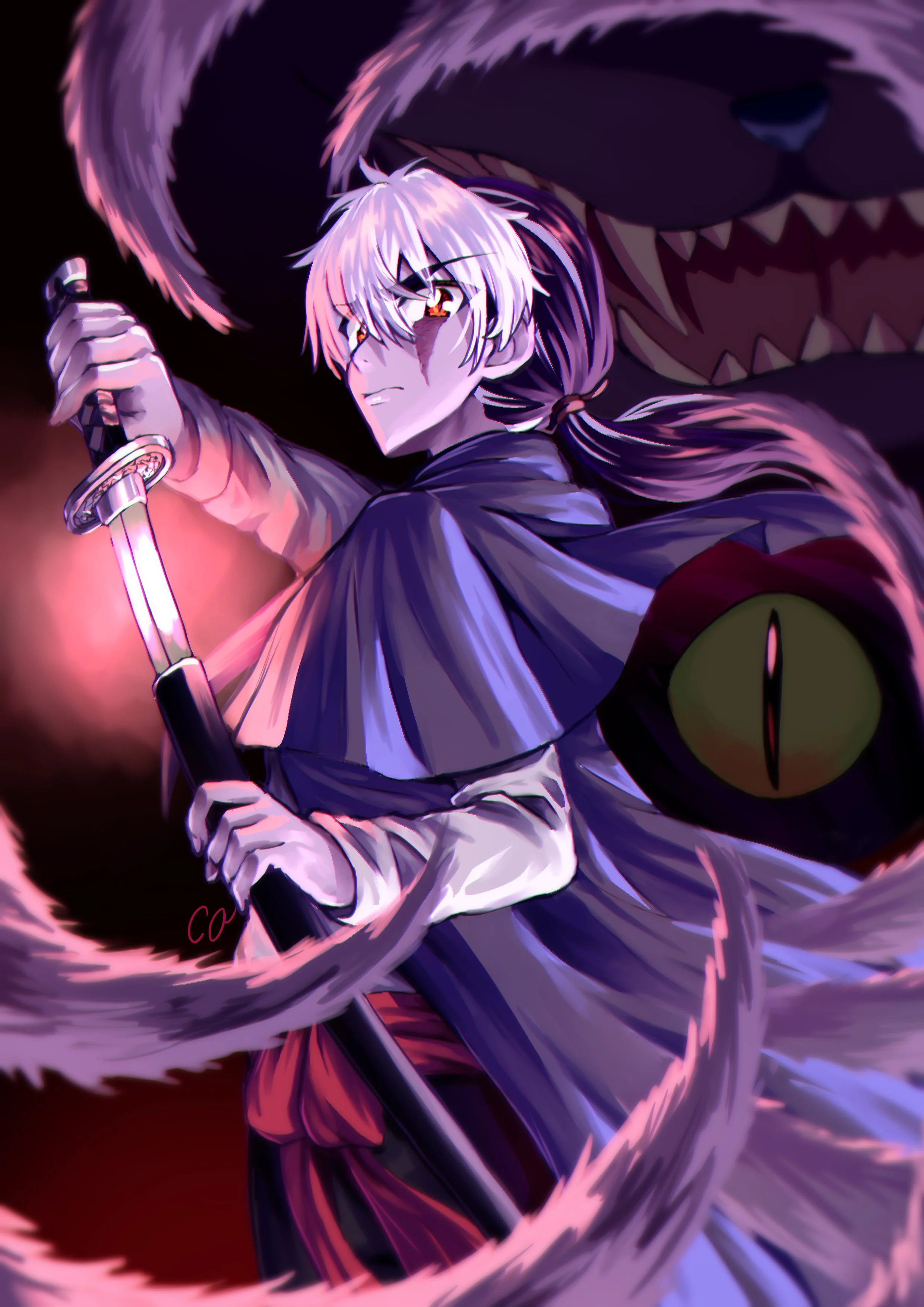 Anime-style illustration of a character with white hair, holding a katana, with a large ferocious beast behind them, dark background with pink and purple highlights.