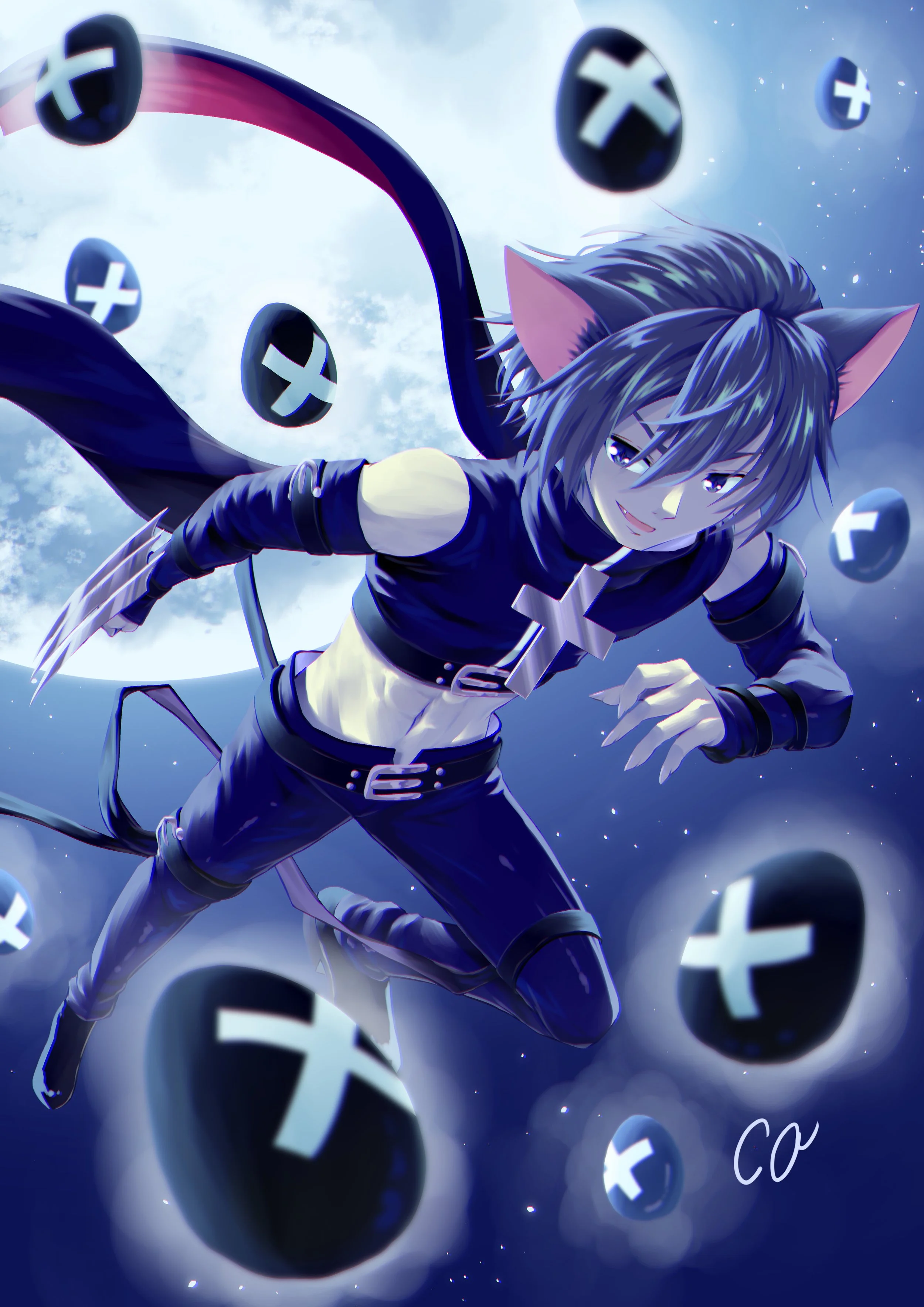 Anime-style character with cat ears, dark hair, and a mischievous smile, surrounded by floating black spheres with white plus signs on them, against a cloudy sky background.