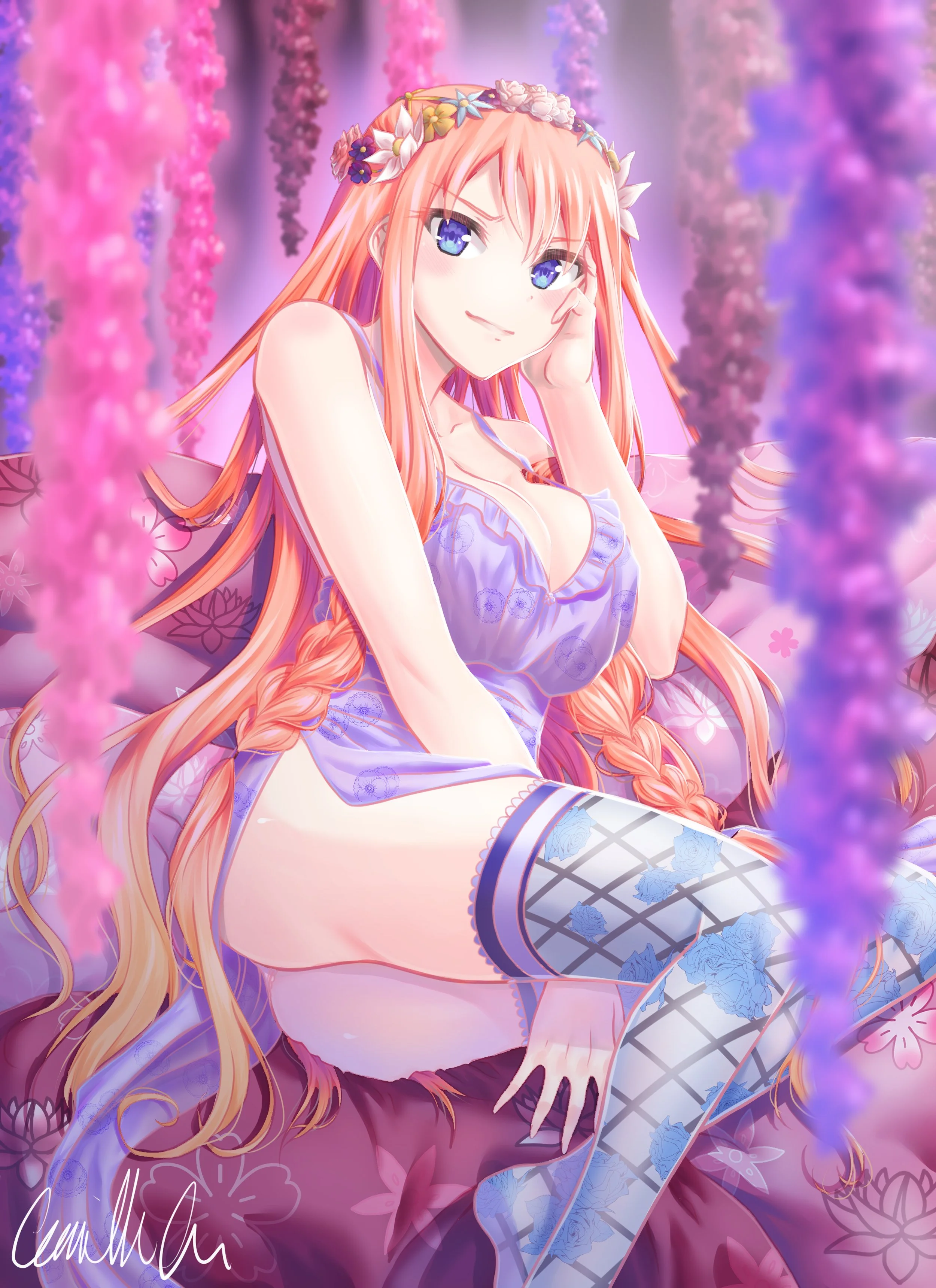 Anime-style illustration of a girl with long orange hair adorned with flowers, wearing a purple dress and fishnet stockings with blue floral patterns, sitting on a purple flower-patterned surface surrounded by hanging purple and pink flowers.