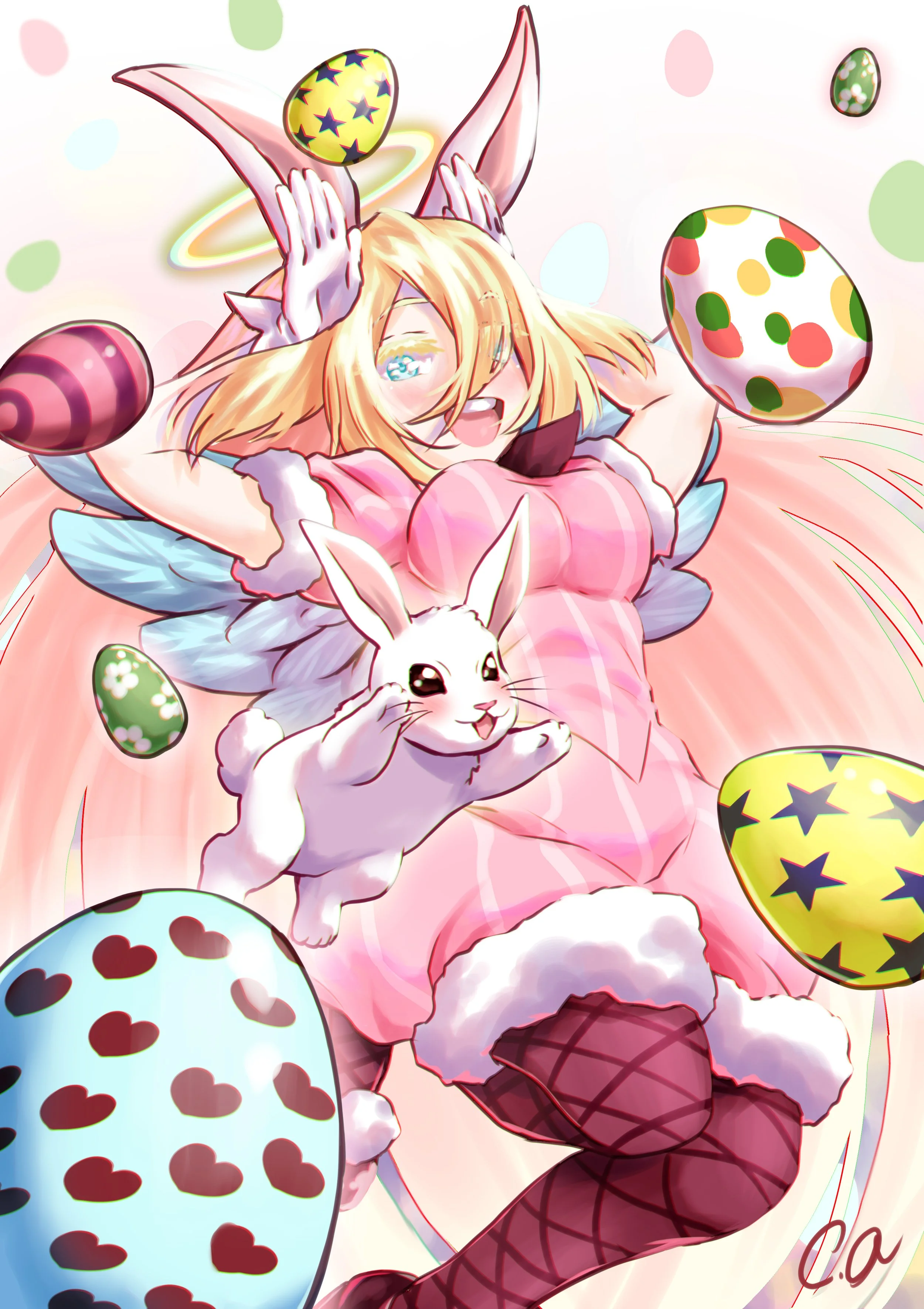 Anime-style girl with fox ears and tail, wearing a pink dress and red fishnet stockings, surrounded by colorful Easter eggs, with bunny ears and a bunny puppet, joyful and playful scene.