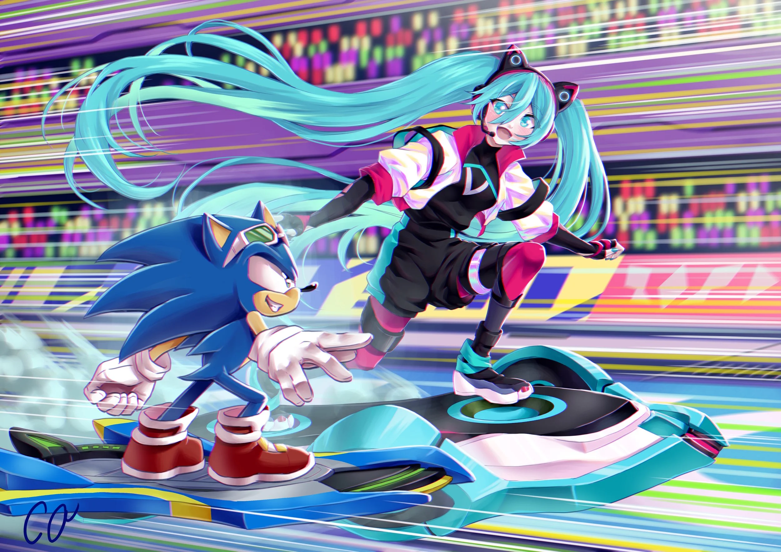 Anime-style illustration of Miku racing on a futuristic motorcycle, with Sonic the Hedgehog in the background.
