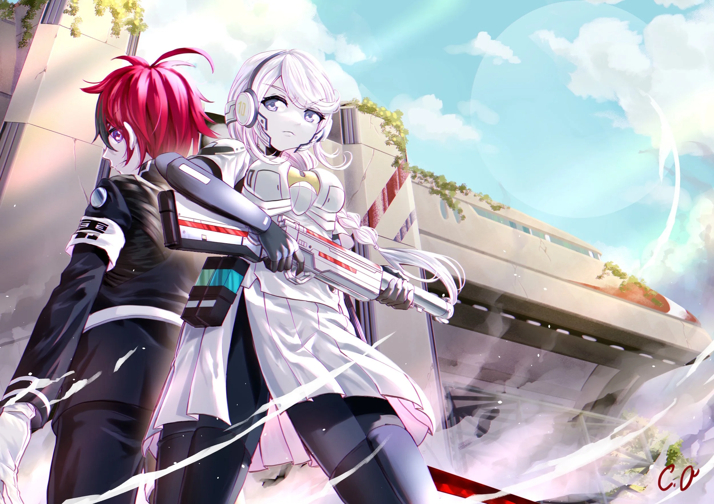 Anime-style illustration of two characters in futuristic armor, one with pink hair and the other with silver hair, standing outdoors near a building with vines, under a blue sky with clouds.