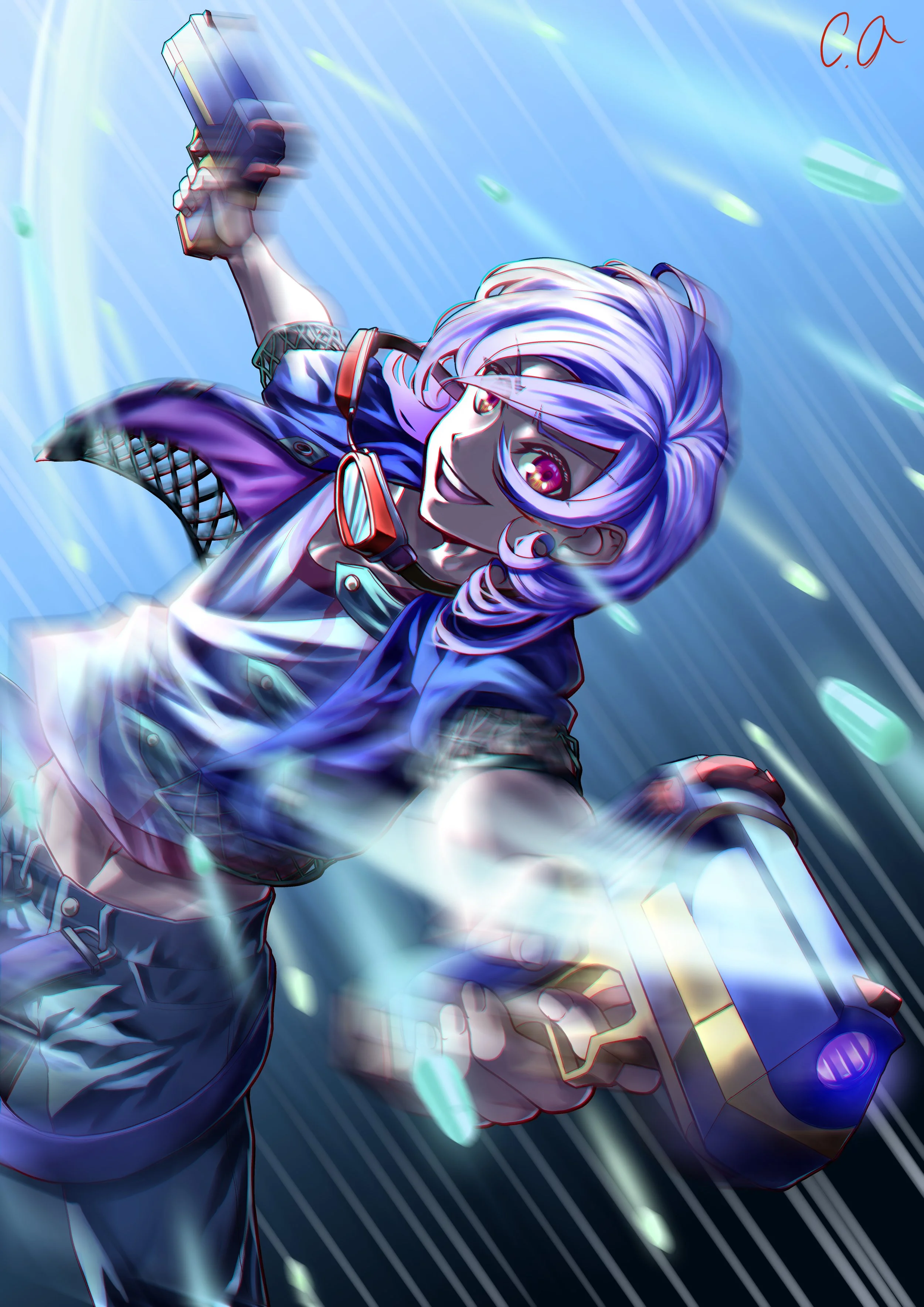 Anime-style character with purple hair, in a dynamic pose, holding a gun, with motion streaks and glowing effects in a vibrant background.