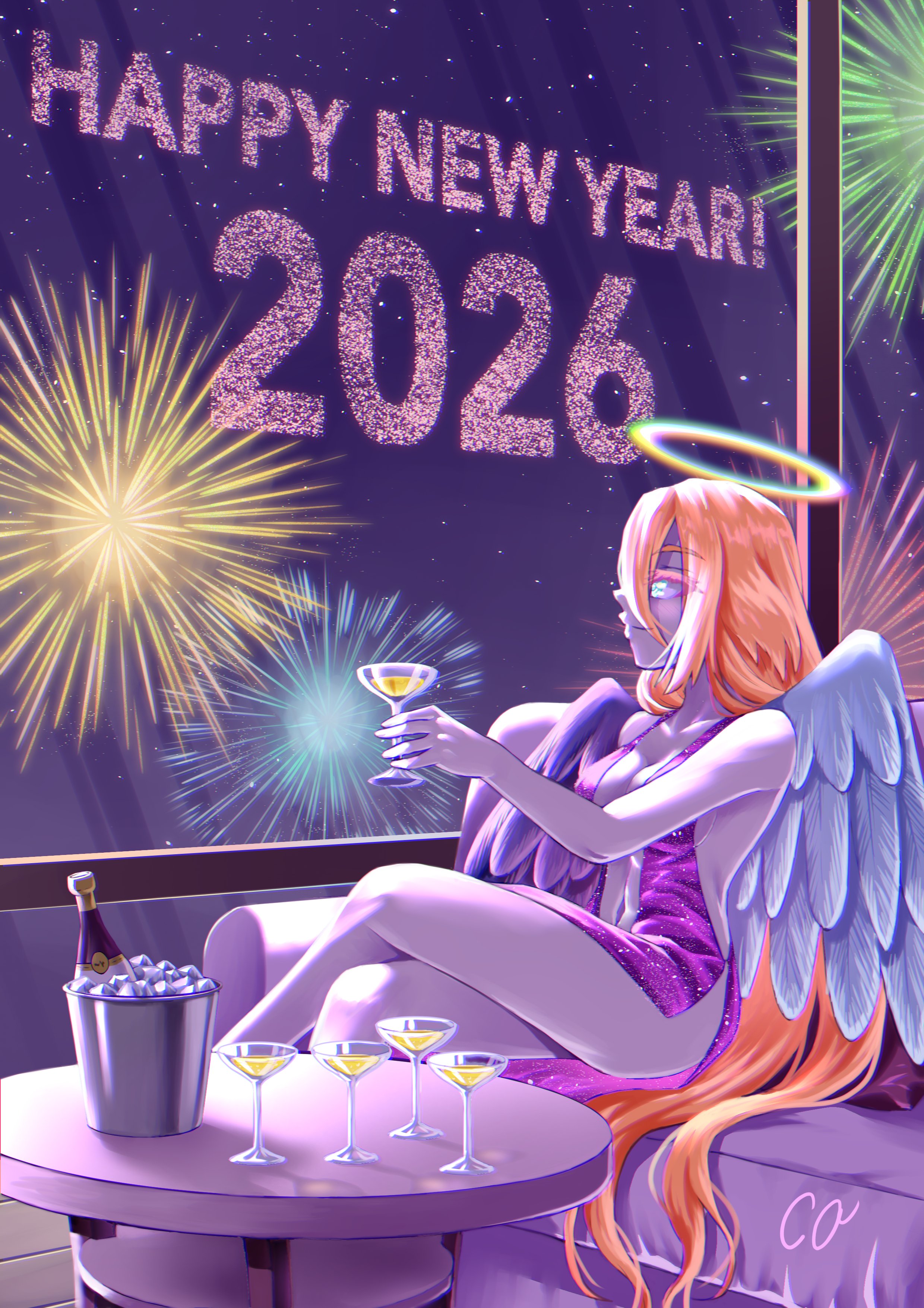 A festive scene with a woman with orange hair and angel wings sitting by a table holding a glass of drink. She is surrounded by fireworks and a large banner that reads 'HAPPY NEW YEAR 2026'. There is a bottle in an ice bucket and several glasses of c