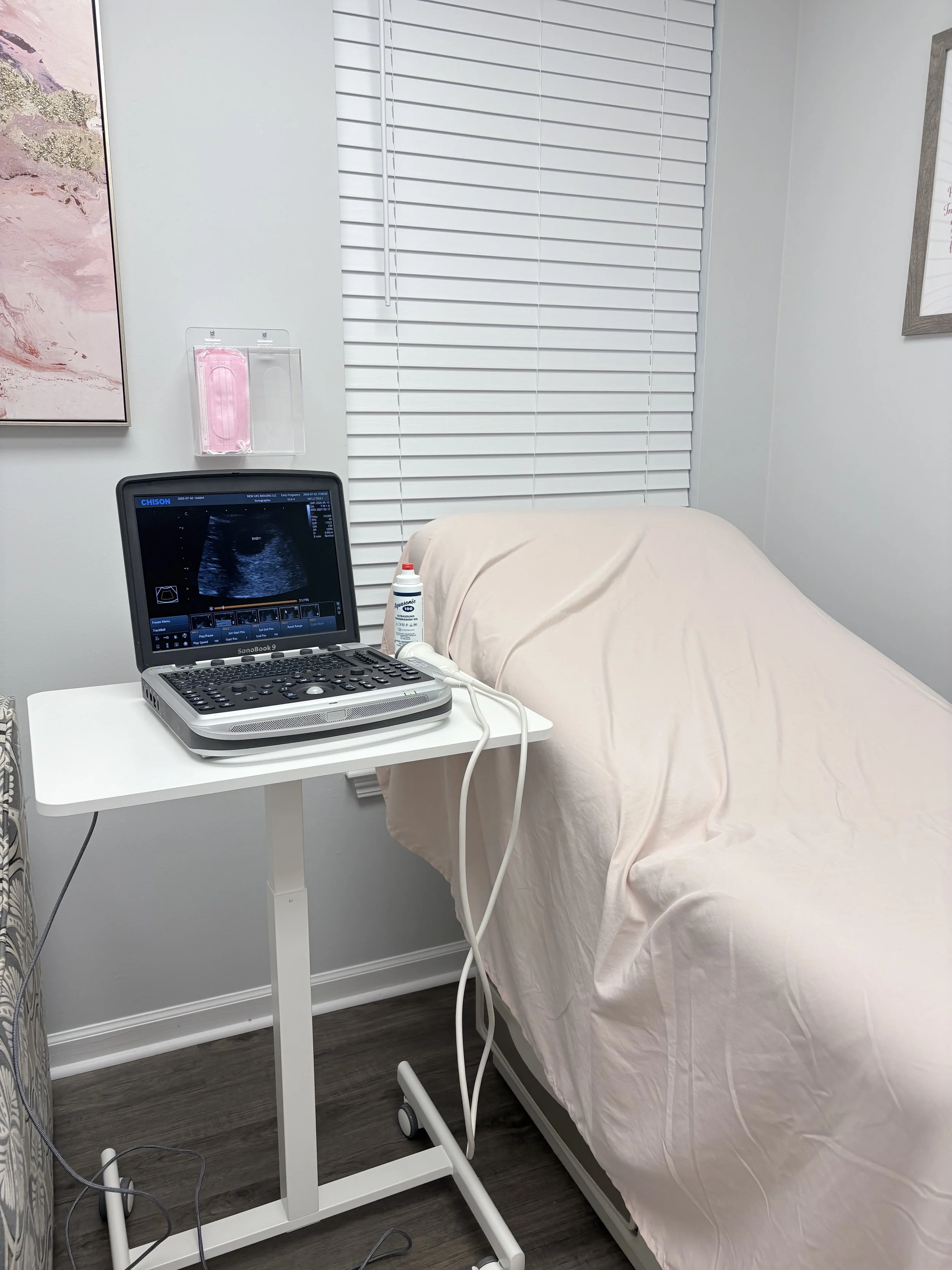 A medical examination room with a hospital bed covered in a beige sheet. There is an ultrasound machine on a white stand next to the bed, with a probe connected to it. A small container of ultrasound gel is on the stand. Behind the bed, there are white blinds on the window, and a wall with a pink abstract artwork. A pink face mask is hanging in a clear plastic holder on the wall.