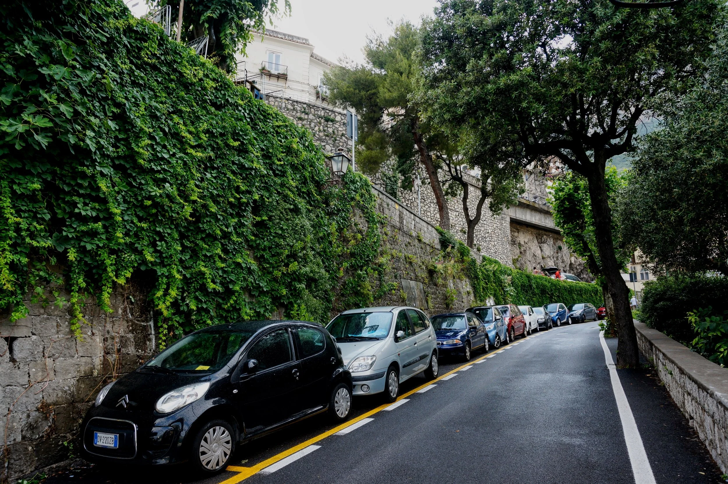Cars parked along a narrow road with stone walls covered in greenery in an urban area.