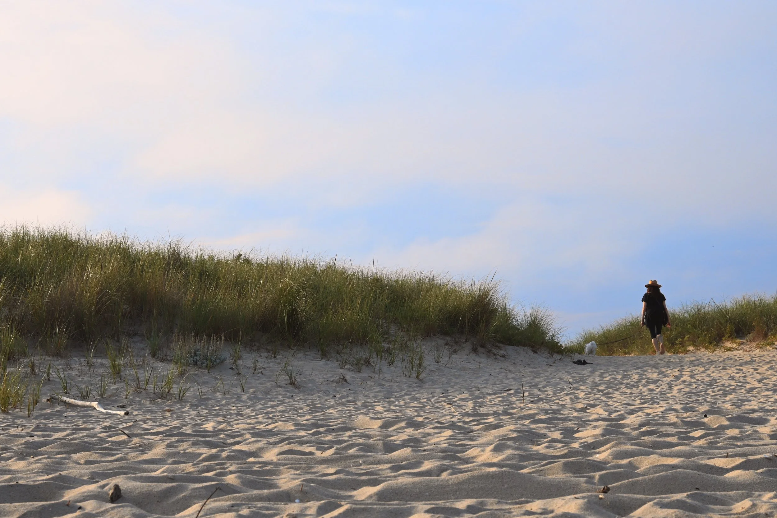A photo by Christina Sarelakos of a woman walking a dog on a sandy beach with grassy dunes and a blue sky with clouds in the background.