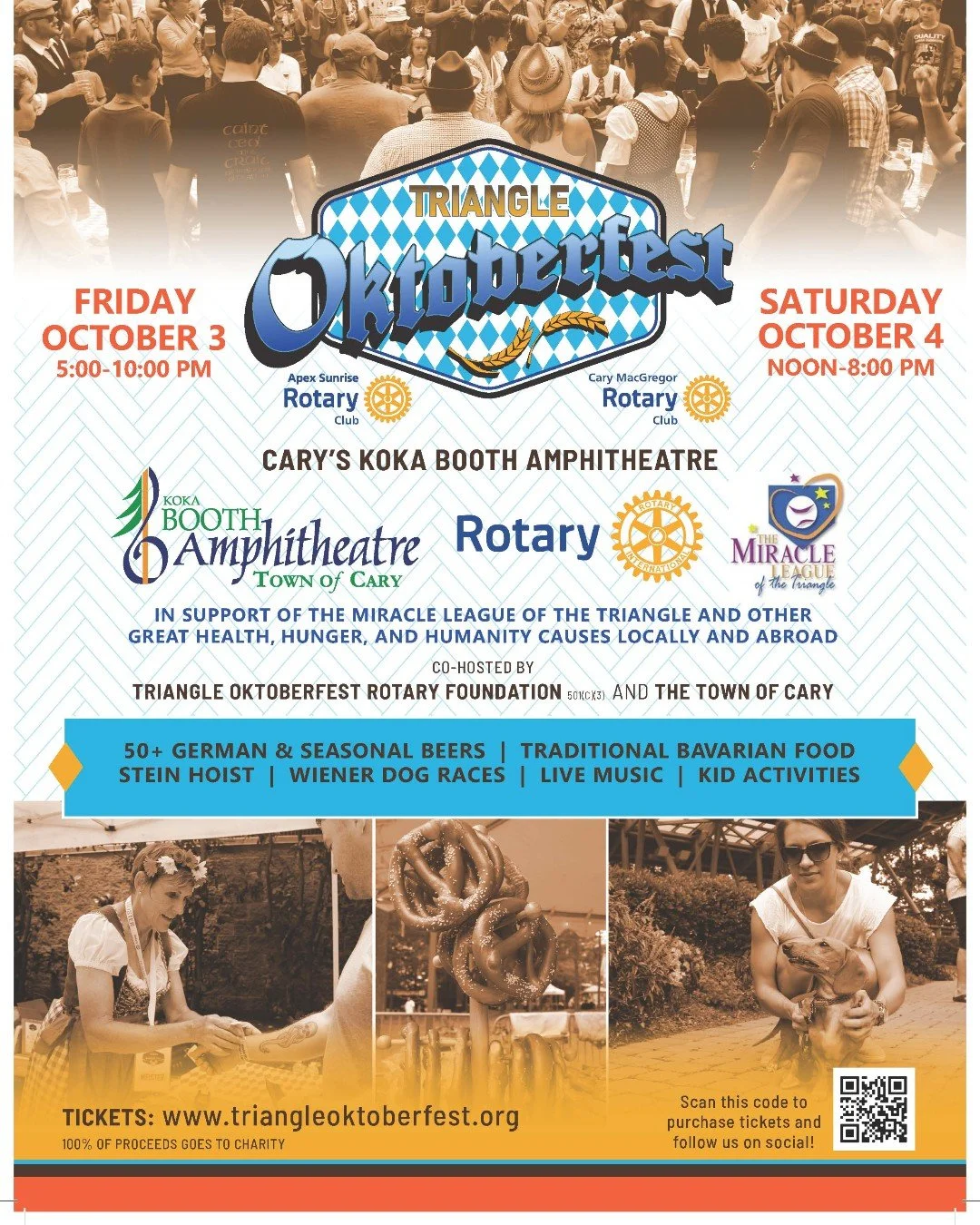 Here are some fun facts about Triangle Oktoberfest happening this Friday and Saturday at Koka Booth Amphitheater:
1. $150K+ for charity with a presentation ceremony for Miracle League and USVC on Saturday at 1:00 ✅
2. Keg tapping ceremony with Mayors