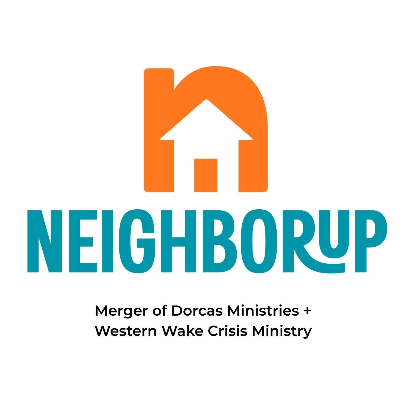 Logo with an orange house and arrow pointing upwards, with the word NEIGHBORUP in blue below, and text indicating a merger of Dorcas Ministries and Western Wake Crisis Ministry.
