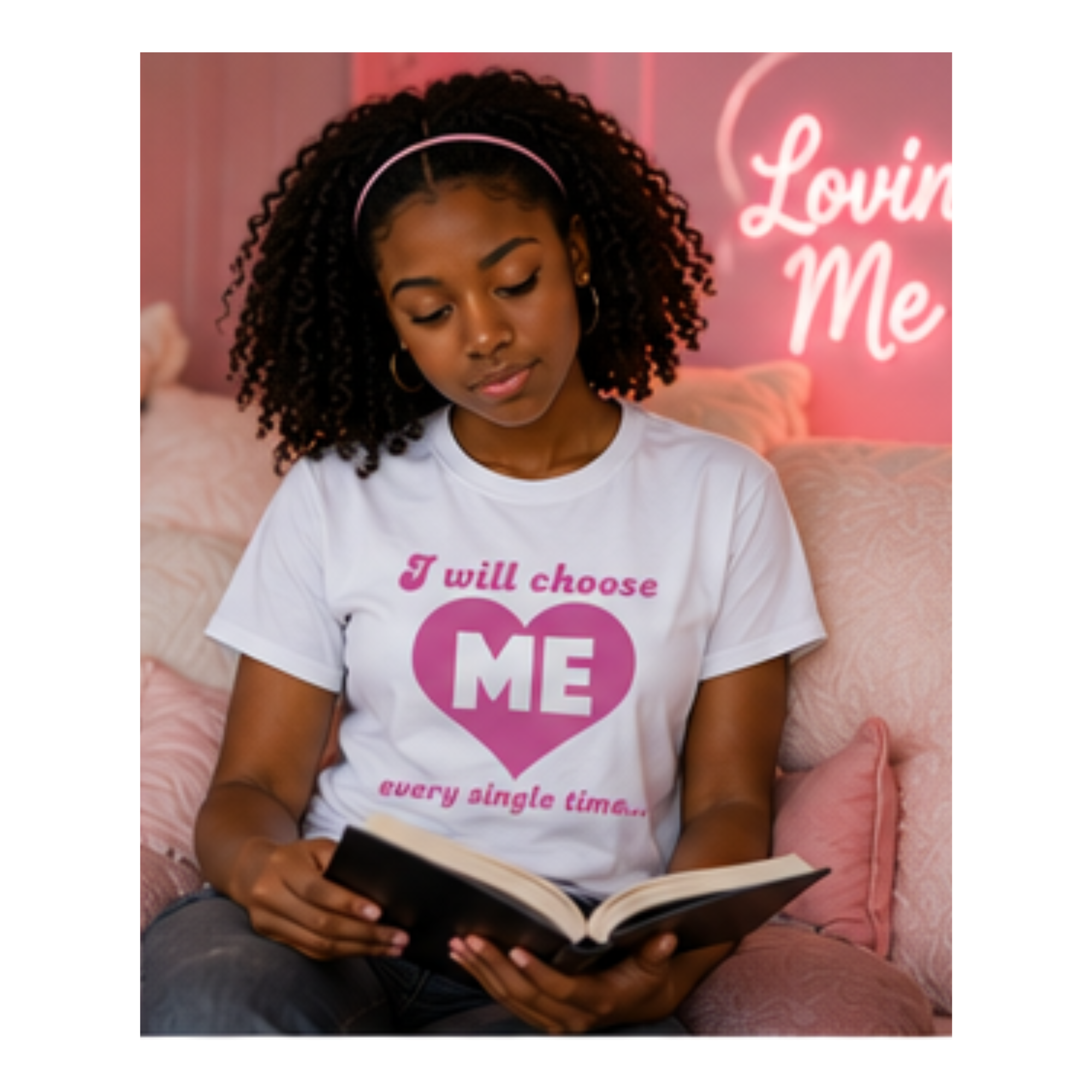 Girl reading
Girl reading a book while wearing a white “I Will Choose Me” T-shirt in a pink room.