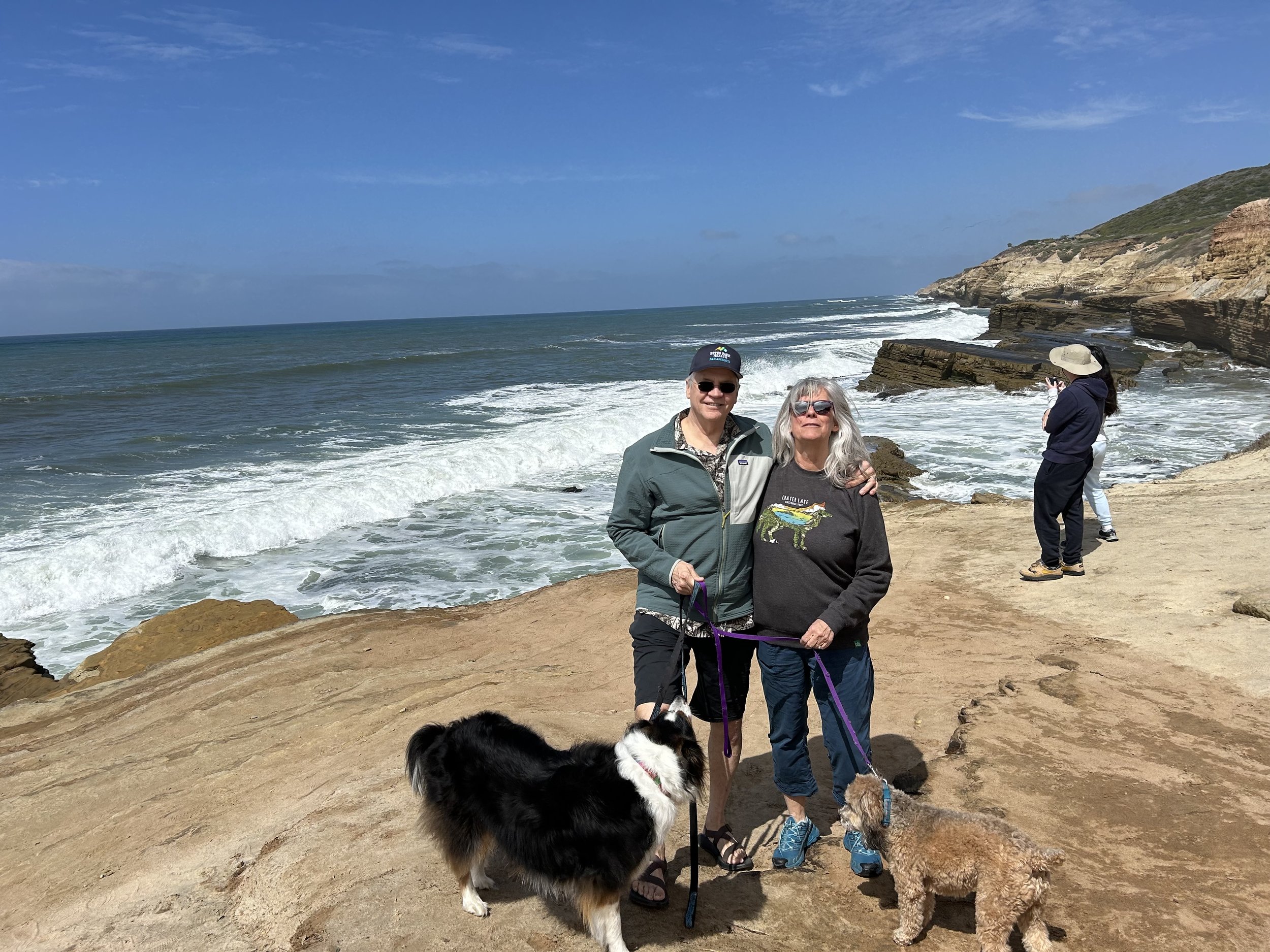 Dr. Thomas Leigh on a rocky shoreline with two leashed dogs, enjoying a scenic coastal view. Waves crash against the rocks in the background, with another person observing the ocean.