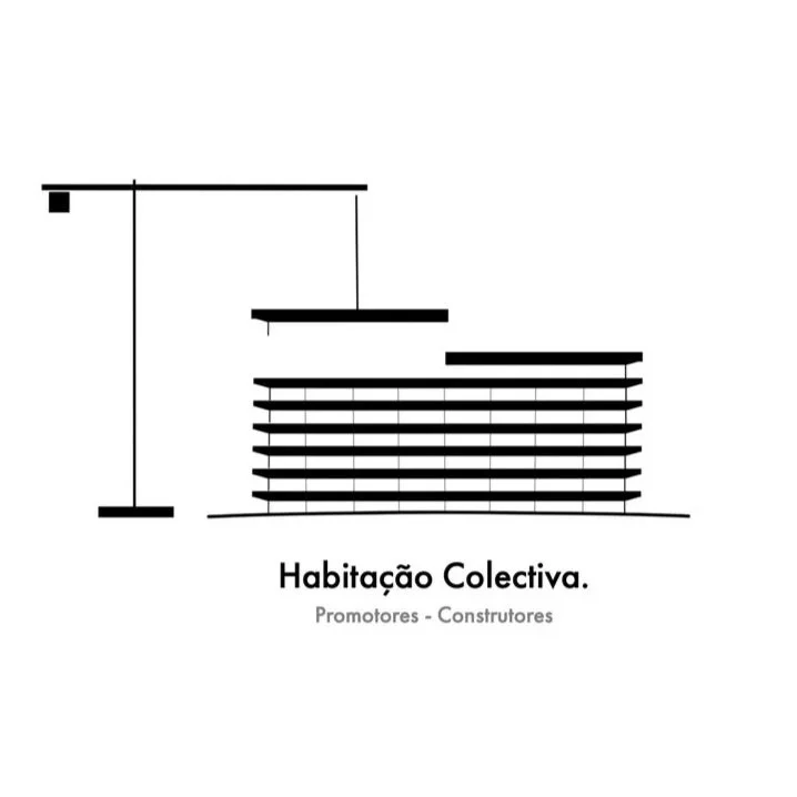 Ilustração de uma construção em formato de escada, representando uma habitação coletiva, com texto "Habitação Coletiva. Promotores - Construtores".
