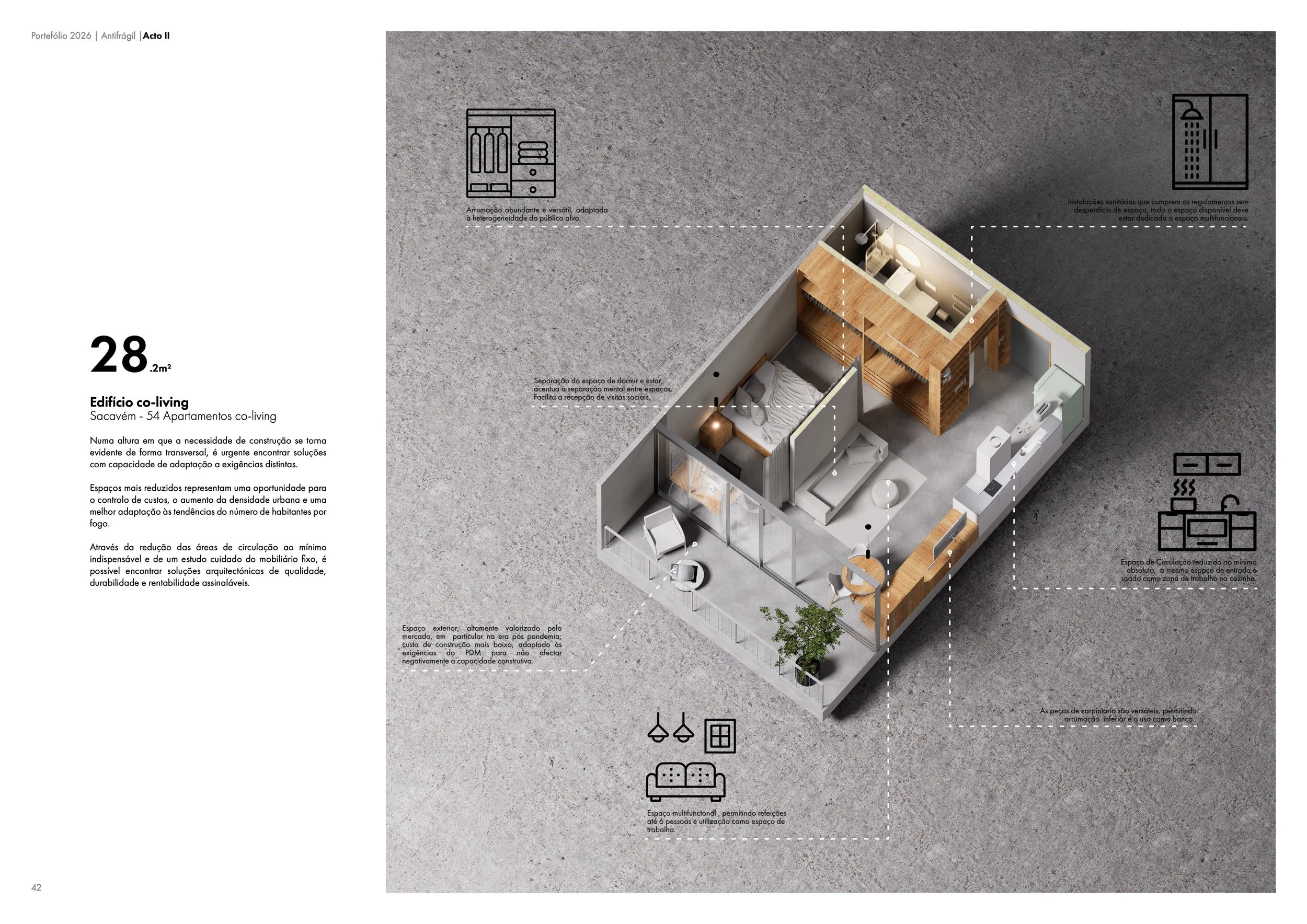 Representação de um apartamento de 28,2 metros quadrados com ambientes integrados e móveis de uso multifunctional, como sofá, mesa, armários e área de dormir, com espaço externo de varanda com planta.